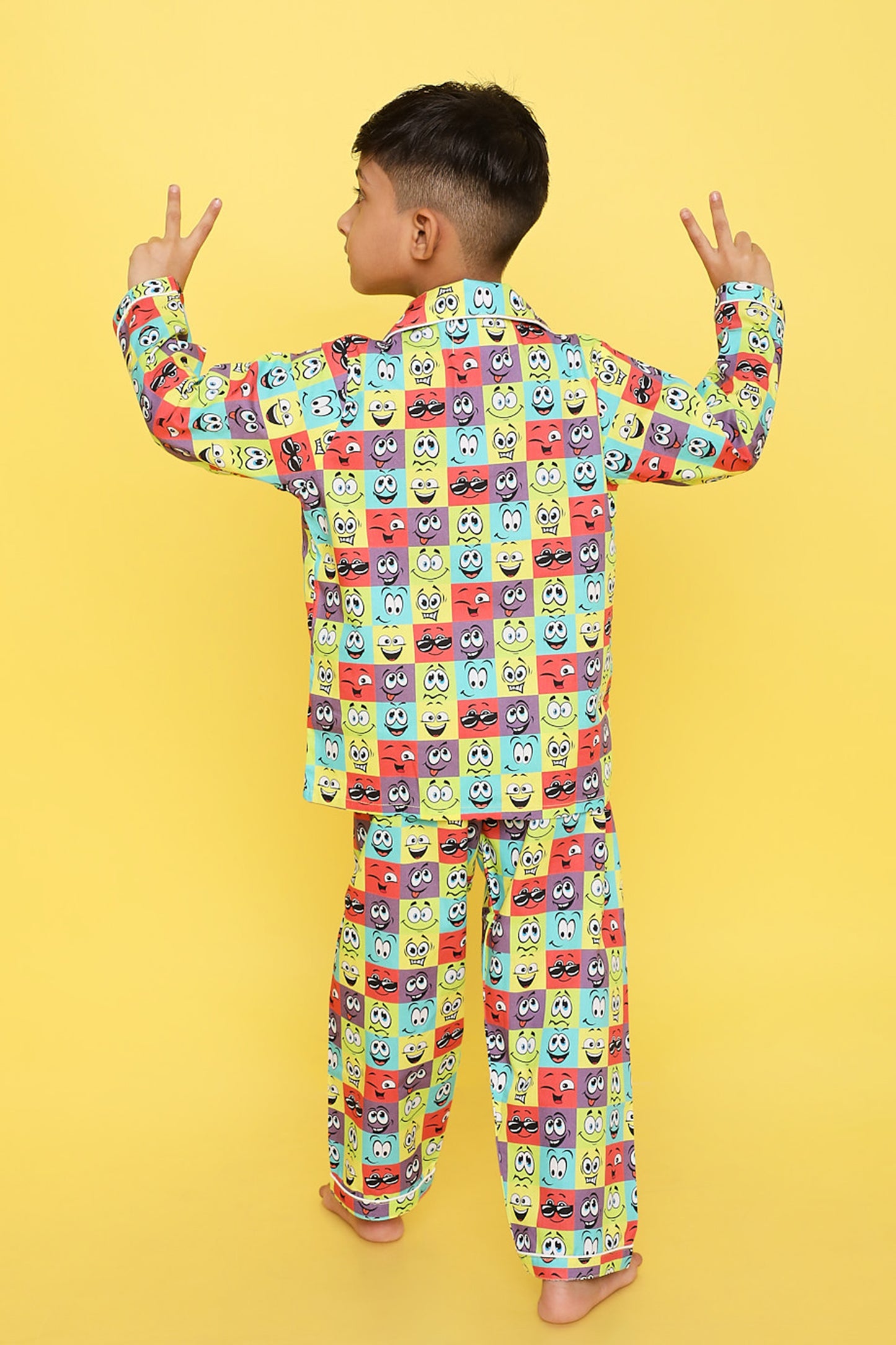 Knitting Doodles Premium cotton Kids' Notched Collar Night suit in smart Funny Faces Print- Multi