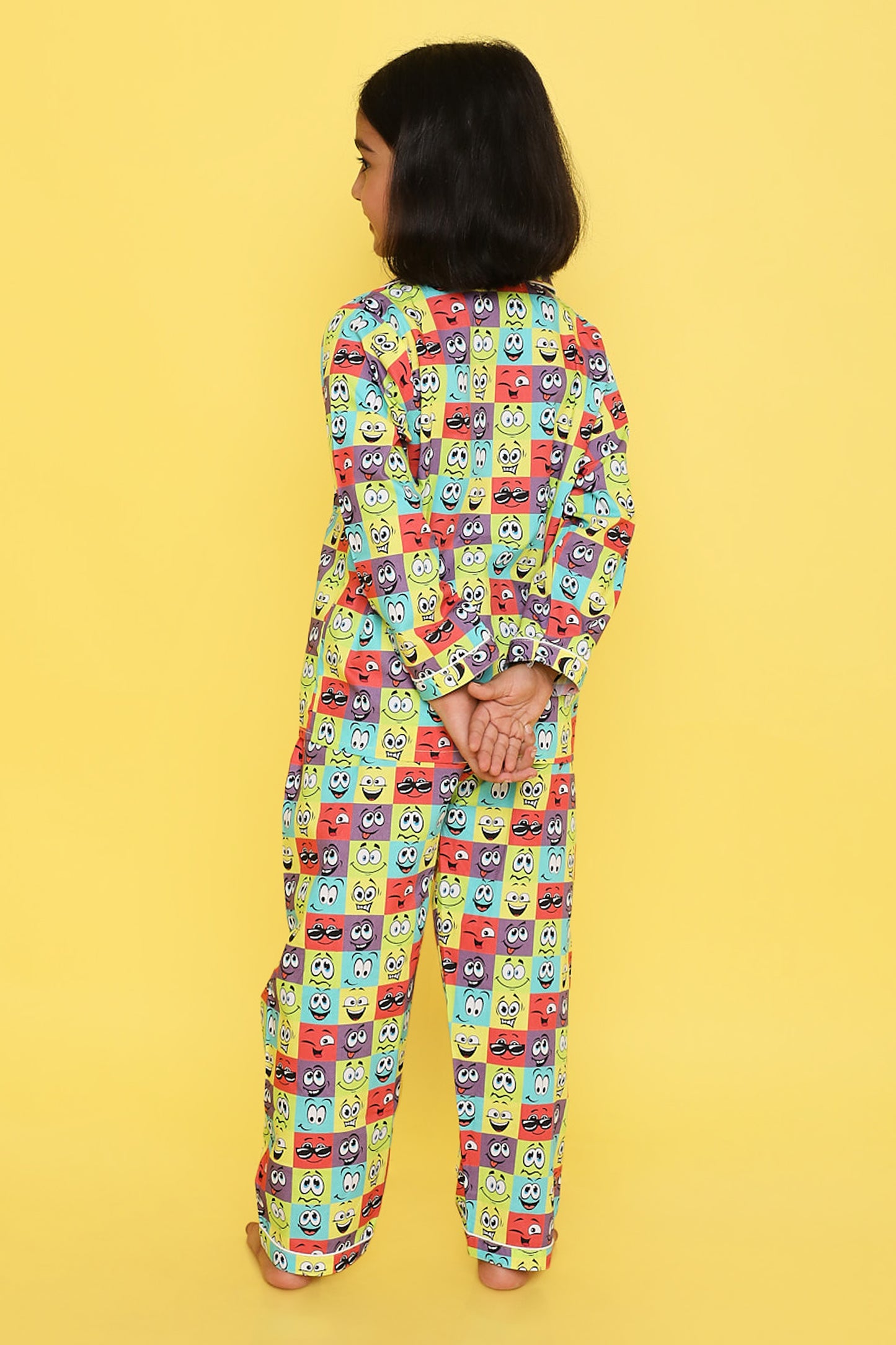 Knitting Doodles Premium cotton Kids' Notched Collar Night suit in smart Funny Faces Print- Multi