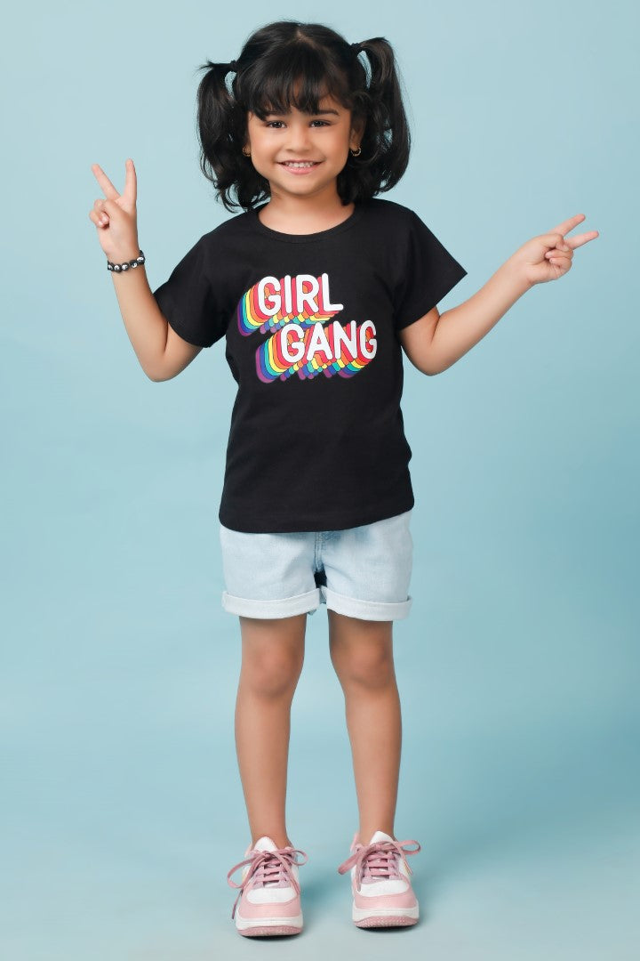 Knitting Doodles Pure cotton Girls' Black t-shirt with smart Girl Gang print- Black