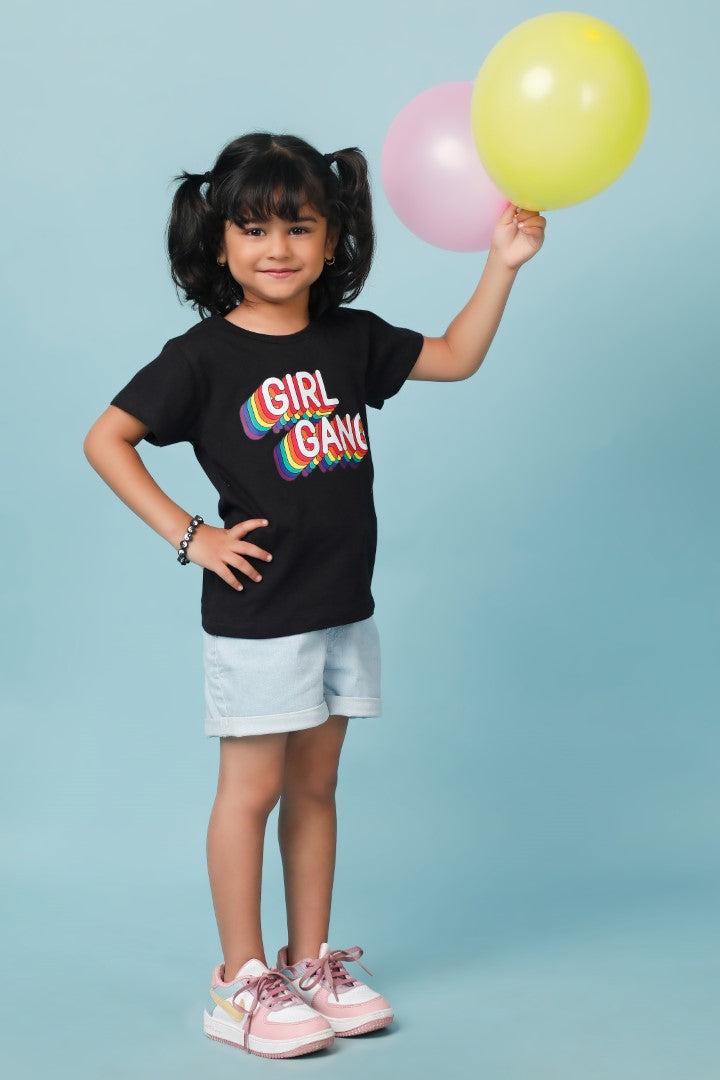 Knitting Doodles Pure cotton Girls' Black t-shirt with smart Girl Gang print- Black