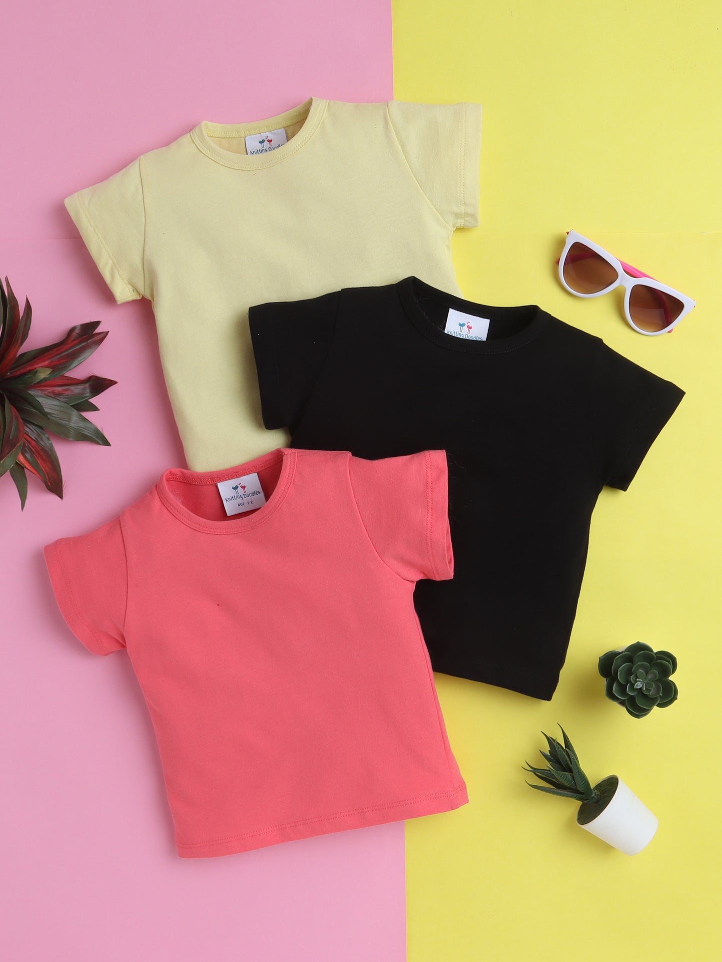 Girls’ Pure Cotton Solid T-Shirt Combo Pack of 3- Pink, Black, and Lemon Yellow