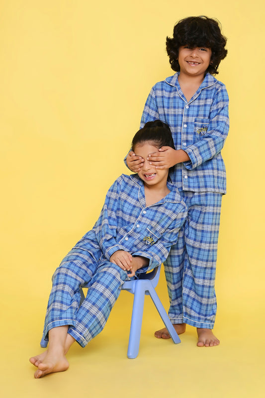 Blue Checks Nightsuit with Goal Embroidery on Pocket