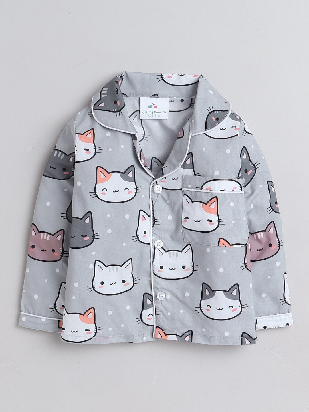 Cats Print Night Suit- Grey