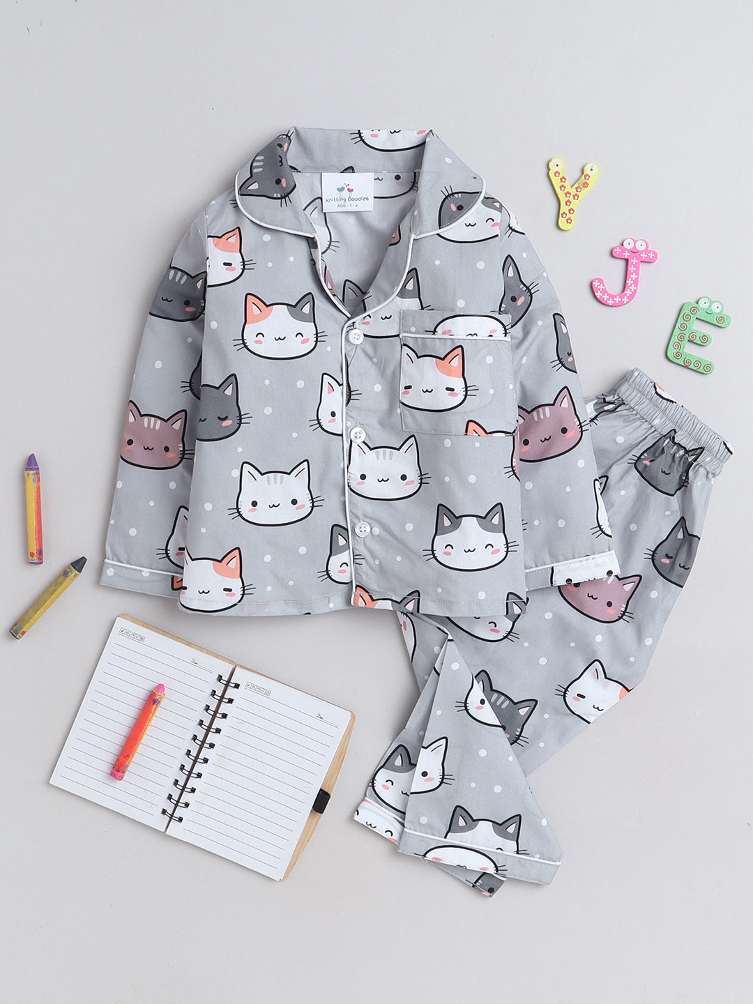 Cats Print Night Suit- Grey