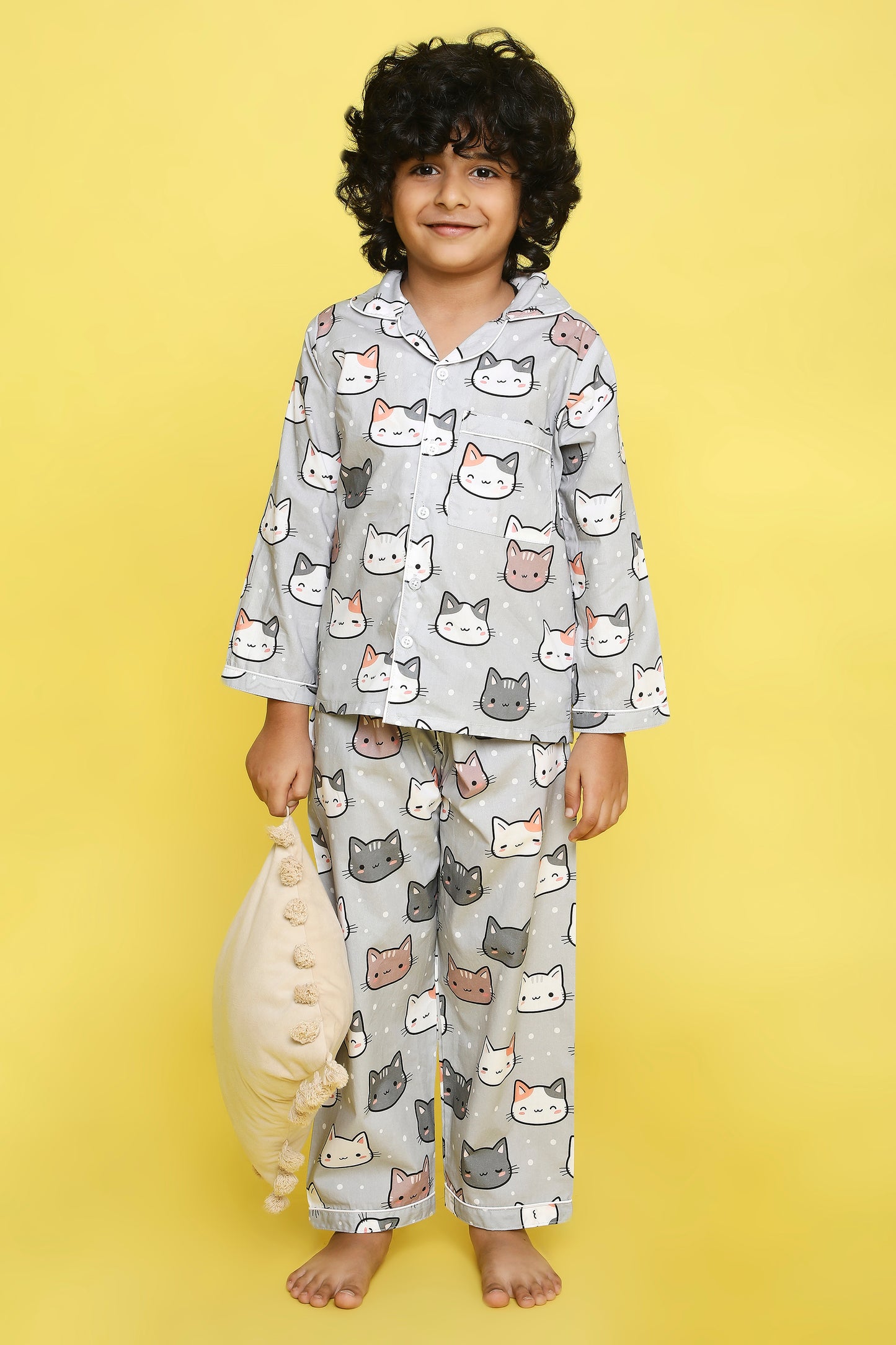 Cats Print Night Suit- Grey