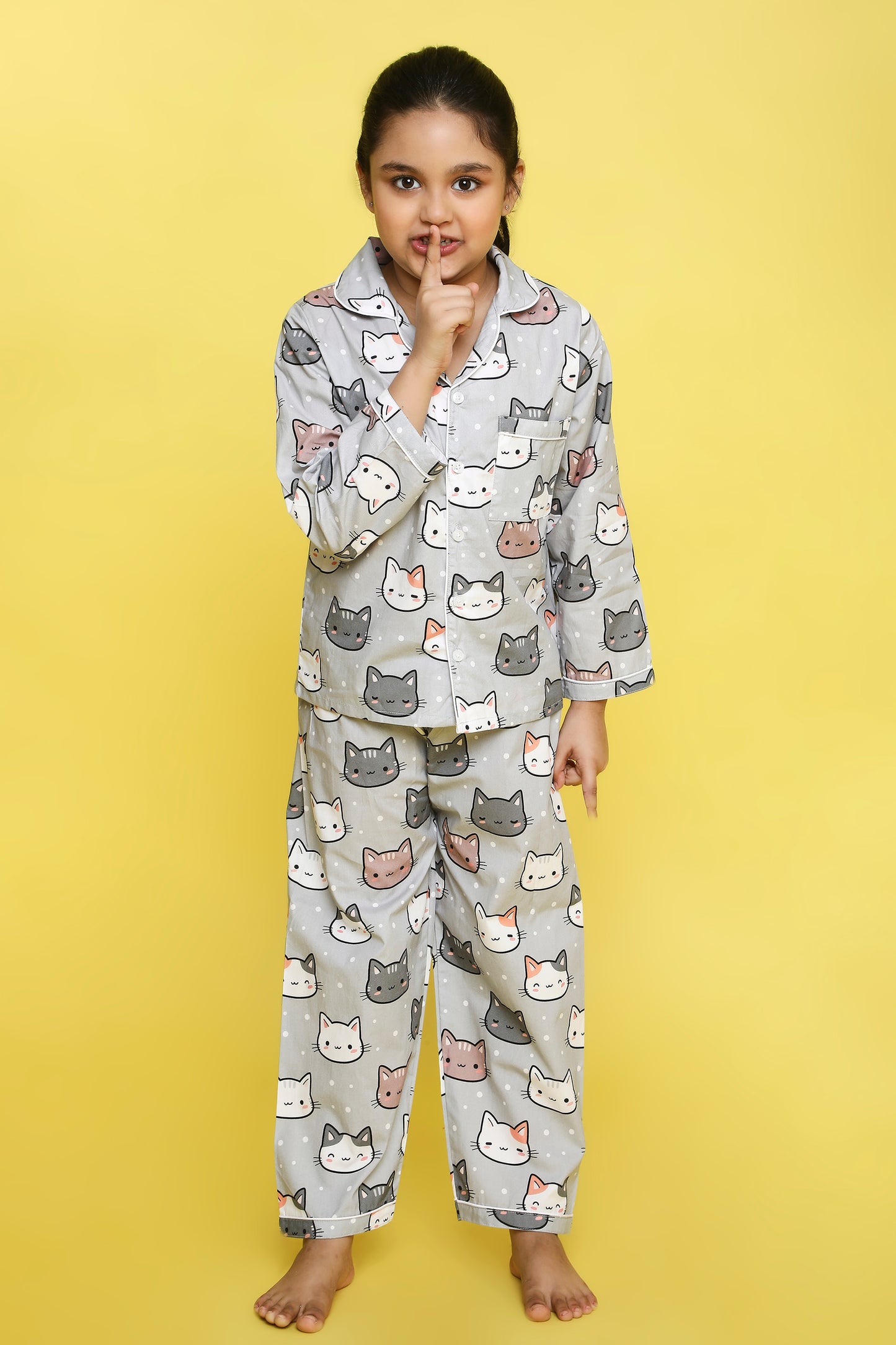 Cats Print Night Suit- Grey