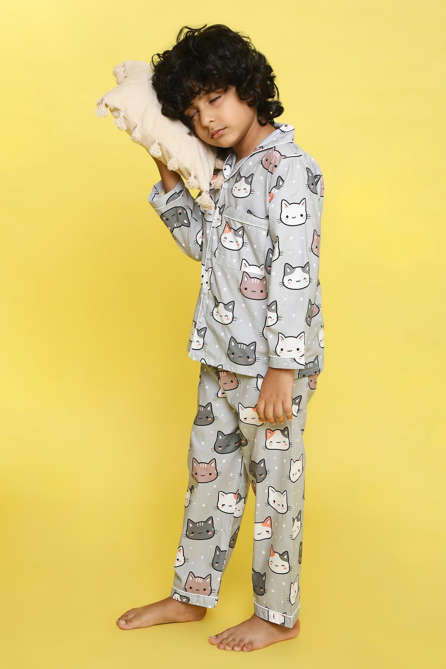 Cats Print Night Suit- Grey