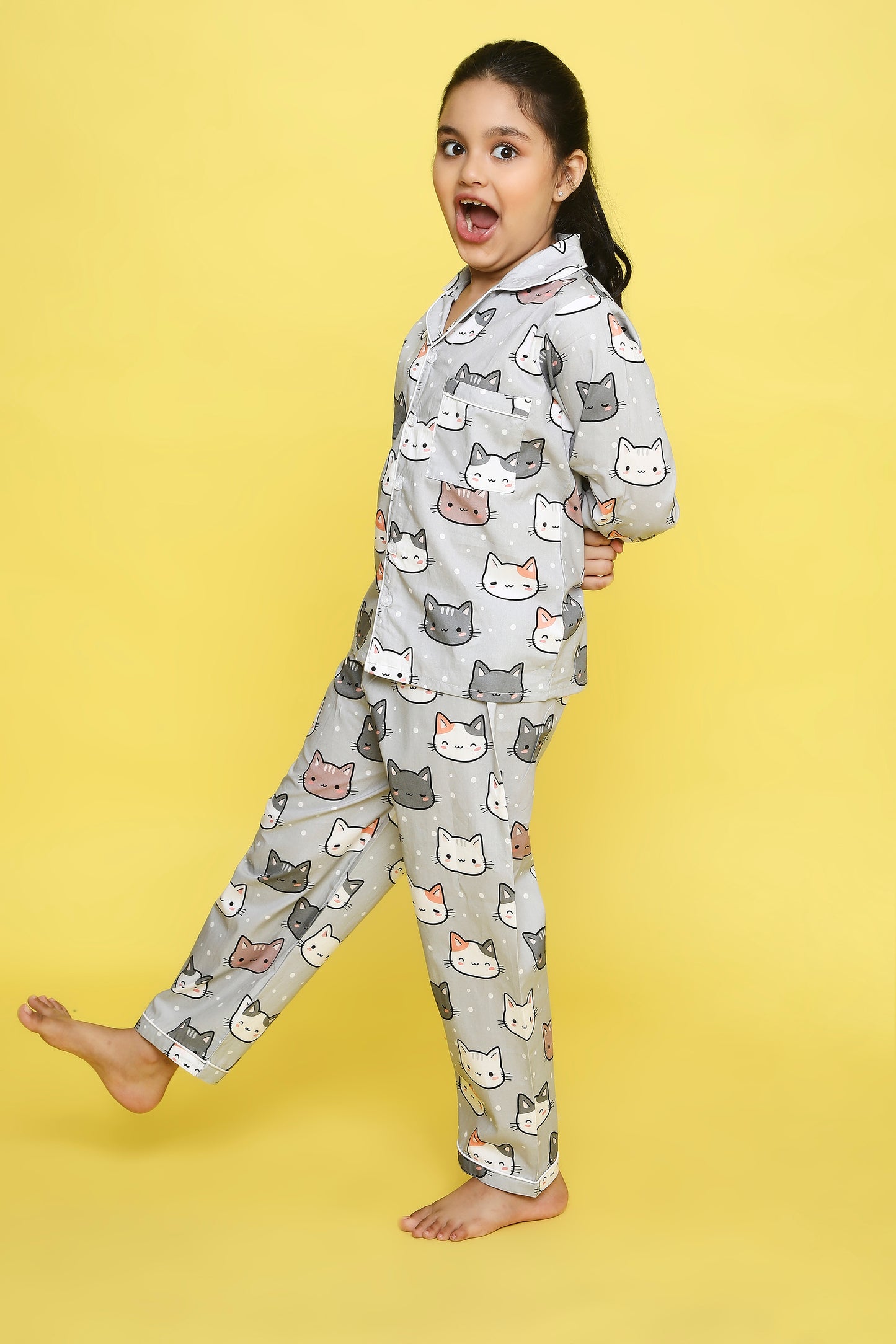 Cats Print Night Suit- Grey