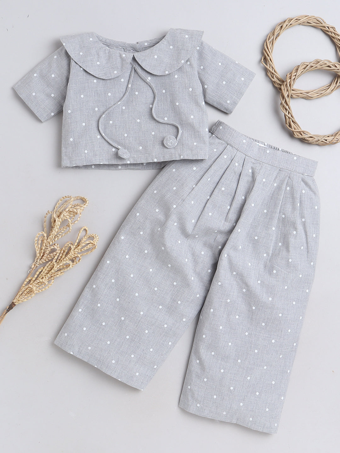 Grey Polka Dots Coordset with Crop top and Pleated Pants