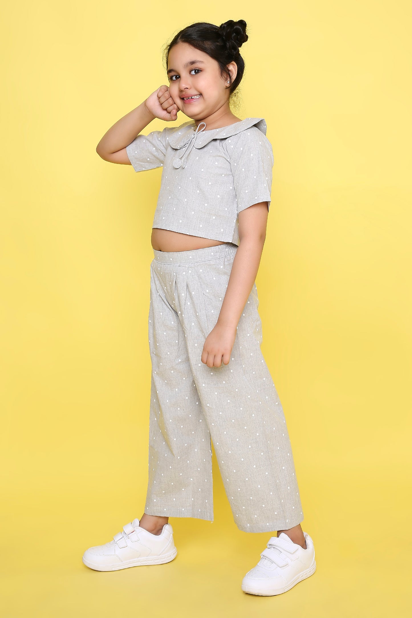 Grey Polka Dots Coordset with Crop top and Pleated Pants