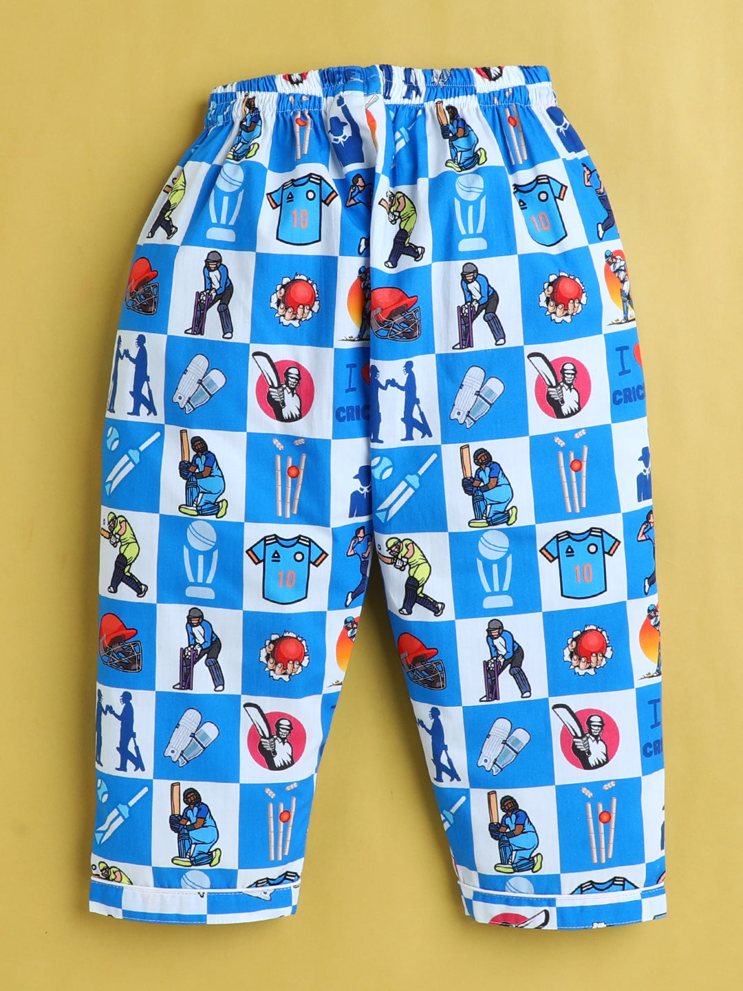 Cricket Print Nightsuit- White and Blue