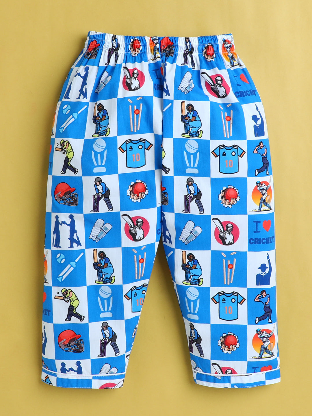 Cricket Print Nightsuit- White and Blue