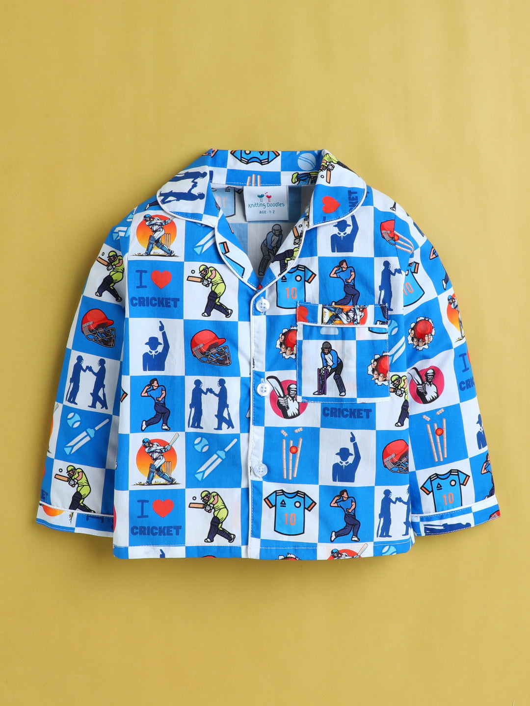 Cricket Print Nightsuit- White and Blue