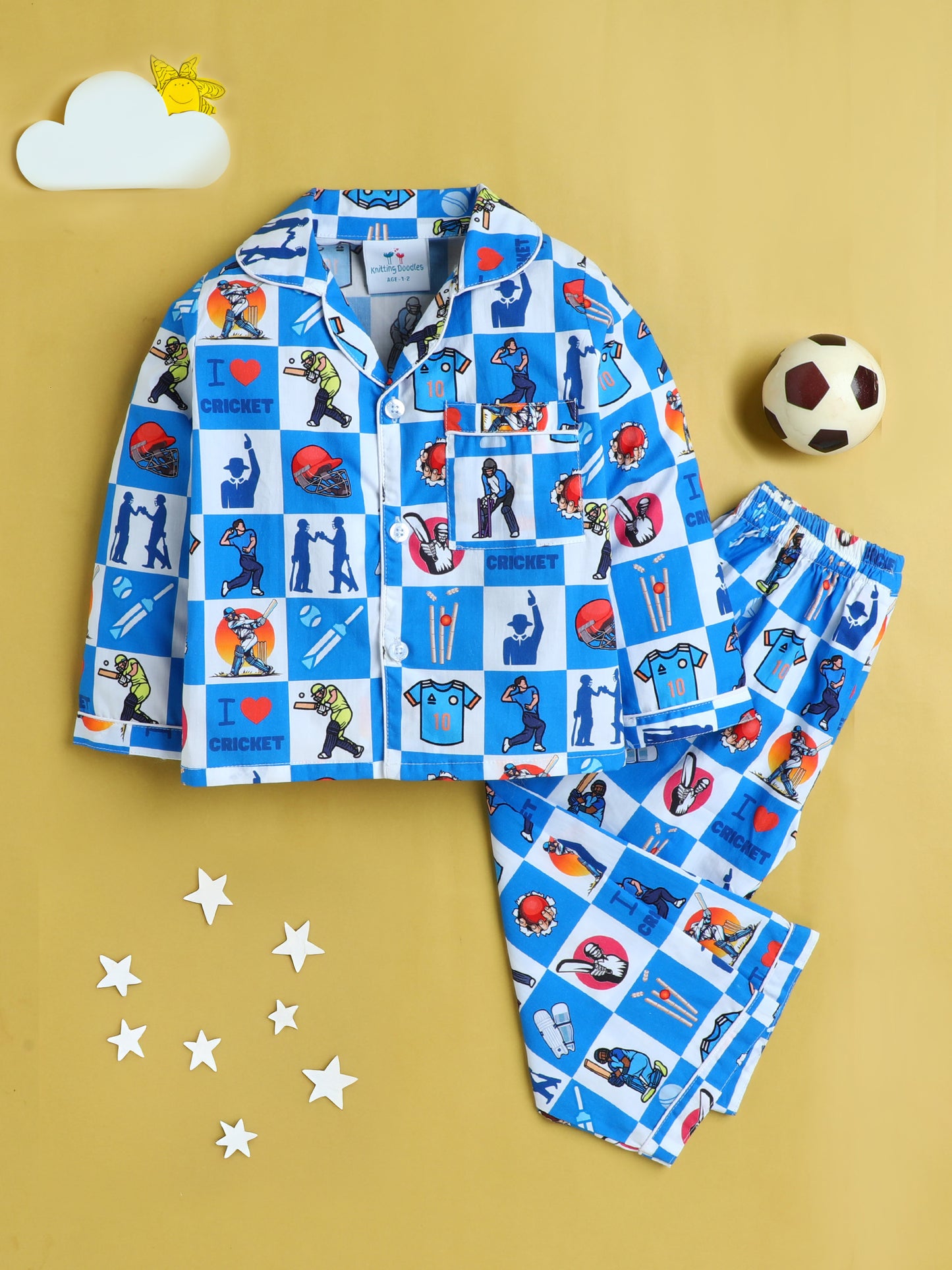 Cricket Print Nightsuit- White and Blue