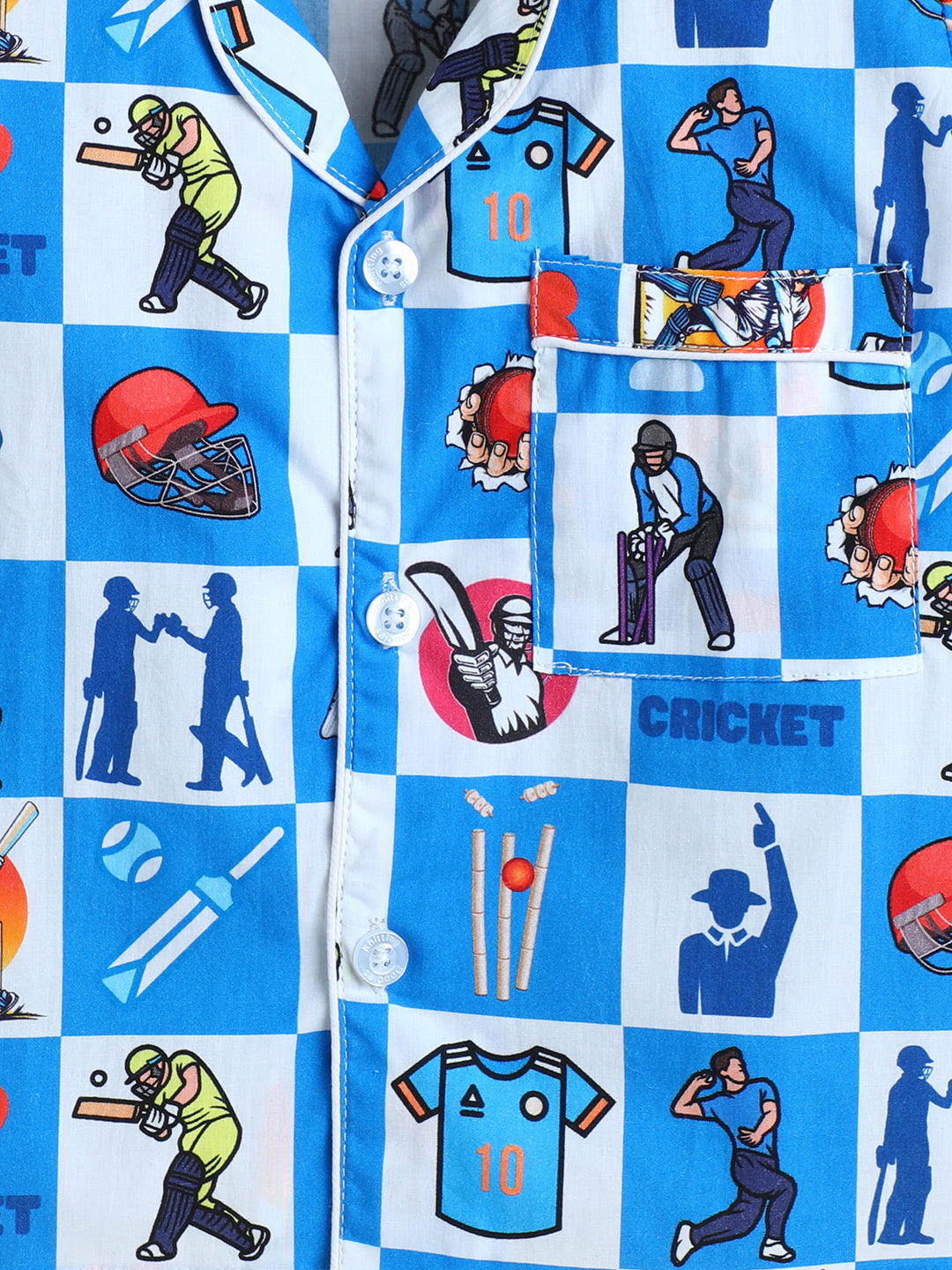 Cricket Print Nightsuit- White and Blue