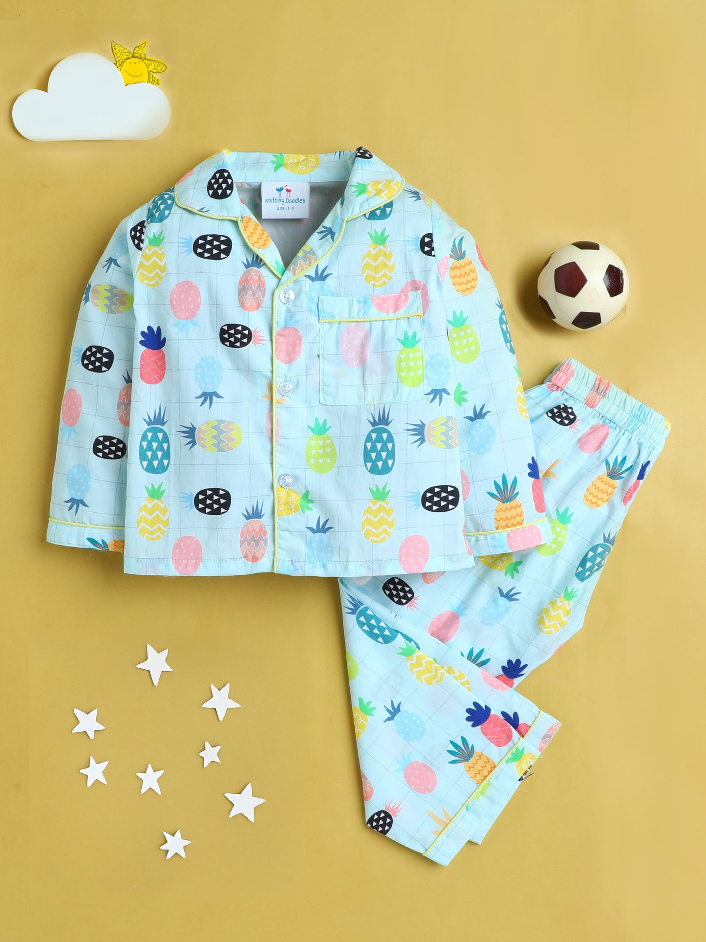 Pineapple Print Nightsuit- Light Blue