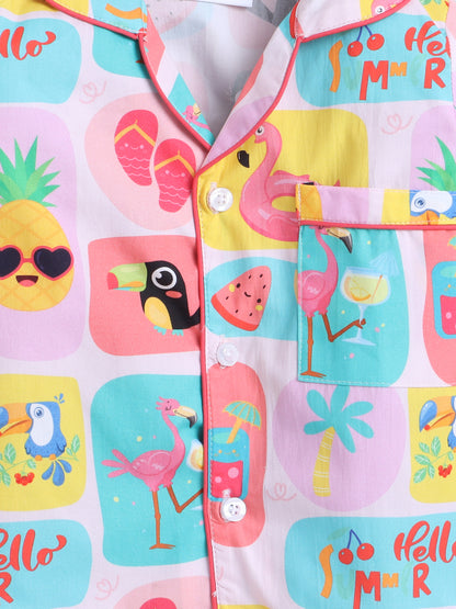 Flamingoes, Toucans and Pineapples Print- Pink