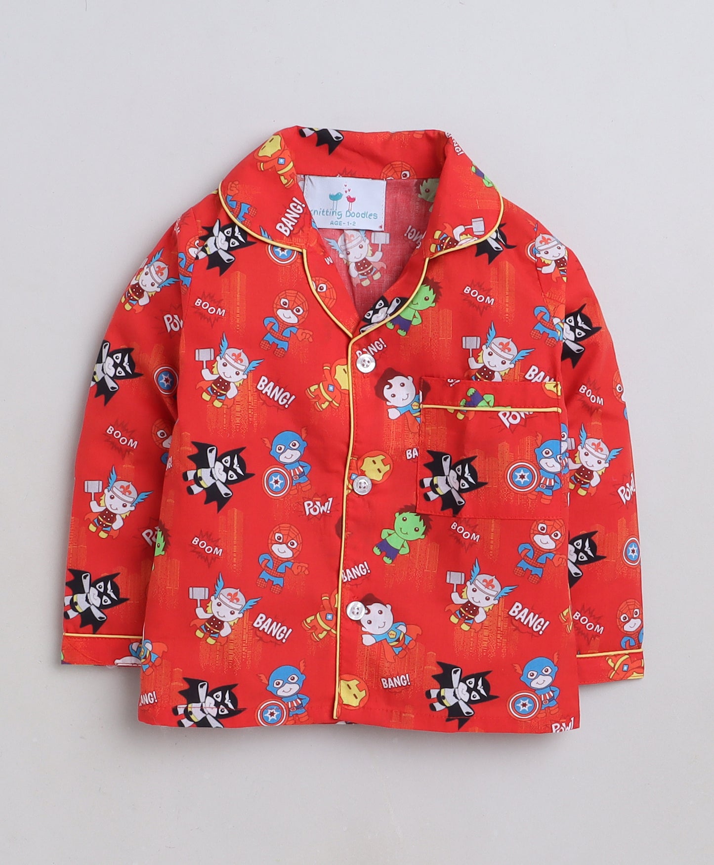 Knitting Doodles Premium cotton Kids' Notched Collar Night suit in adorable superheroes Print- Red