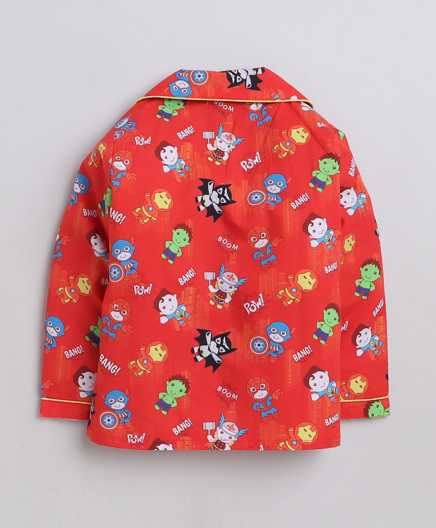 Knitting Doodles Premium cotton Kids' Notched Collar Night suit in adorable superheroes Print- Red