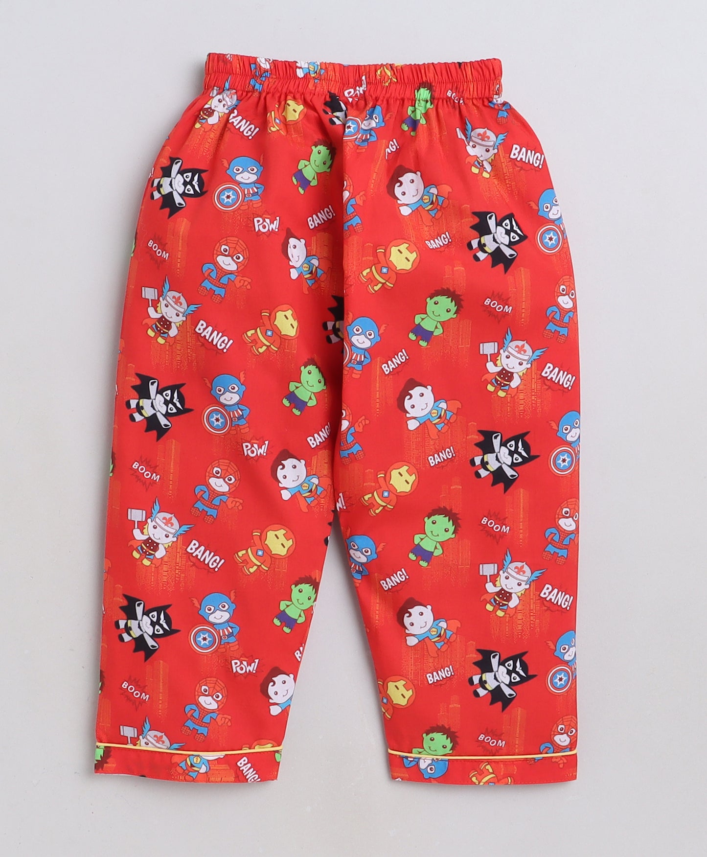 Knitting Doodles Premium cotton Kids' Notched Collar Night suit in adorable superheroes Print- Red