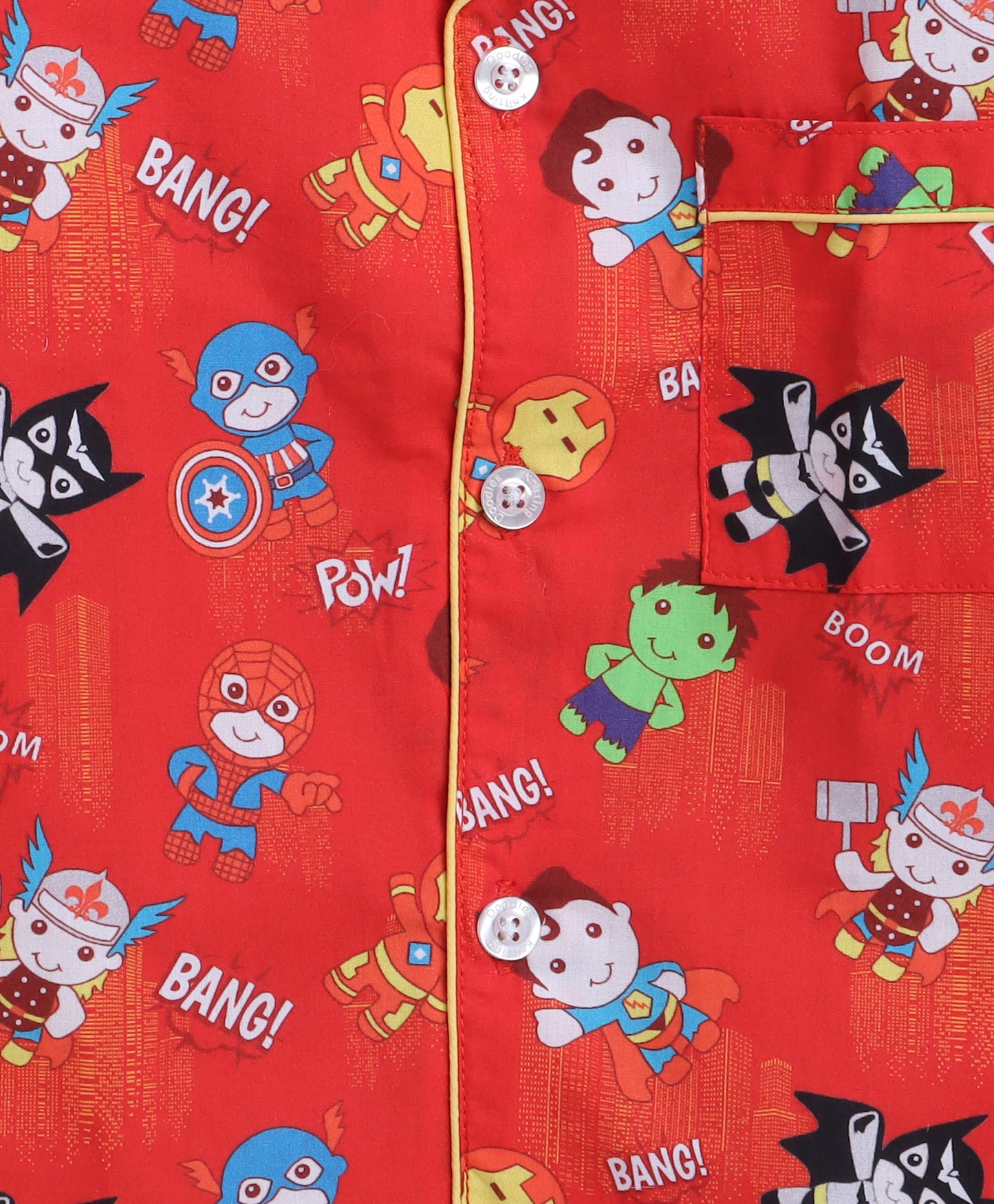 Knitting Doodles Premium cotton Kids' Notched Collar Night suit in adorable superheroes Print- Red