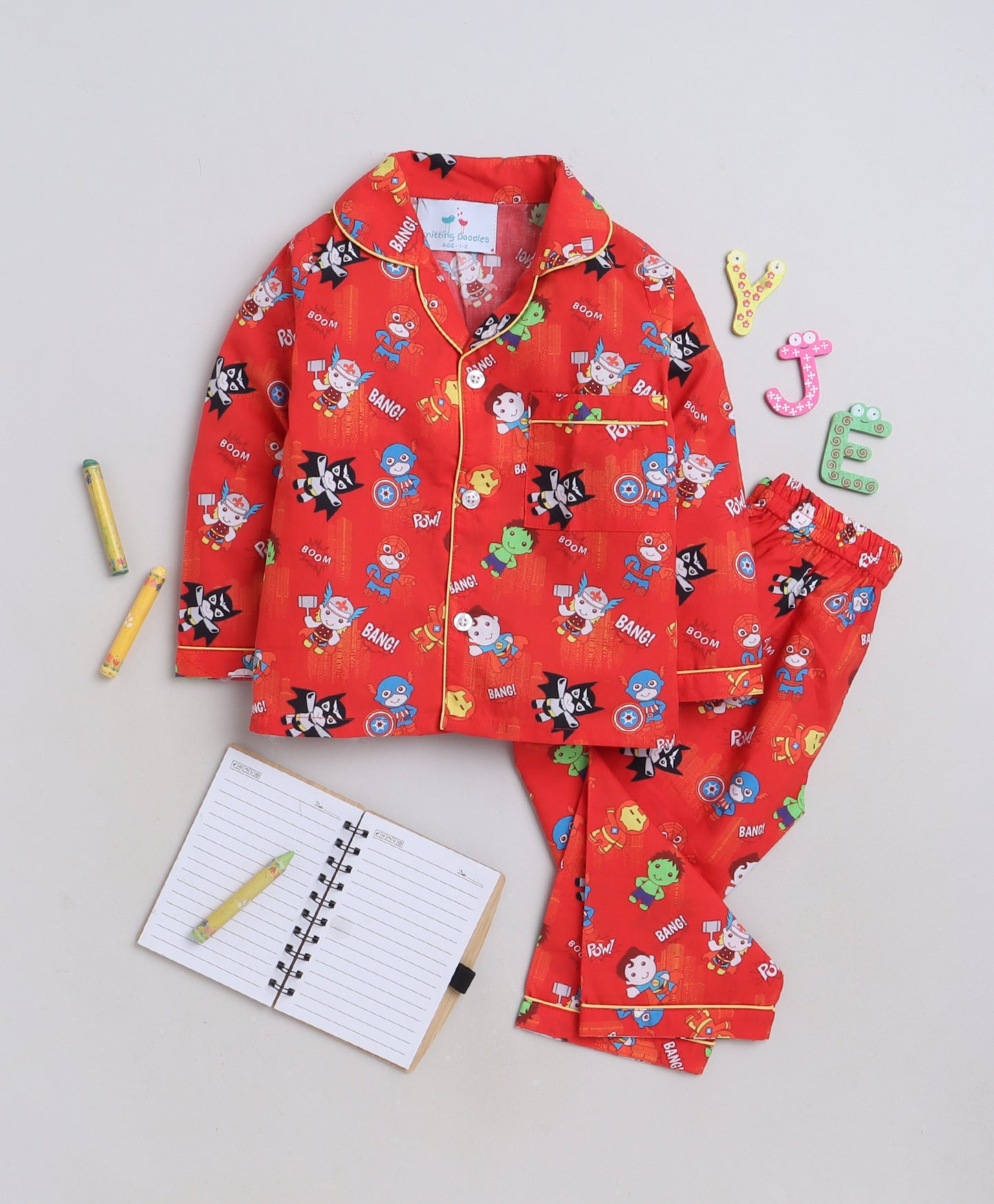 Knitting Doodles Premium cotton Kids' Notched Collar Night suit in adorable superheroes Print- Red