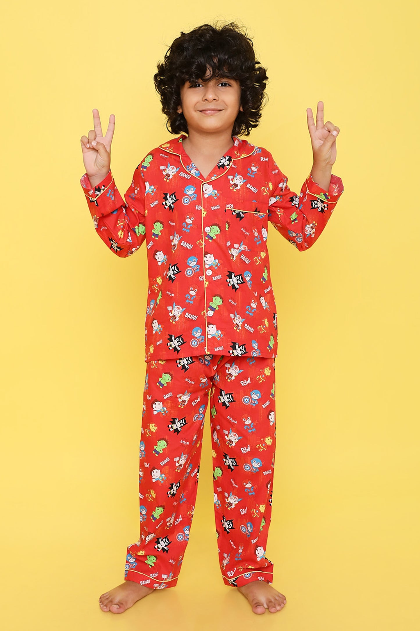 Knitting Doodles Premium cotton Kids' Notched Collar Night suit in adorable superheroes Print- Red