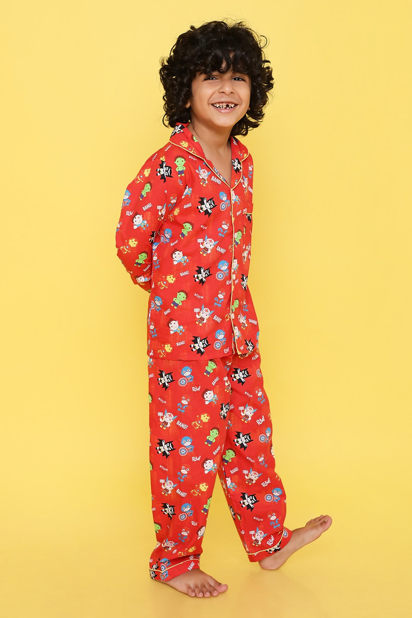 Knitting Doodles Premium cotton Kids' Notched Collar Night suit in adorable superheroes Print- Red
