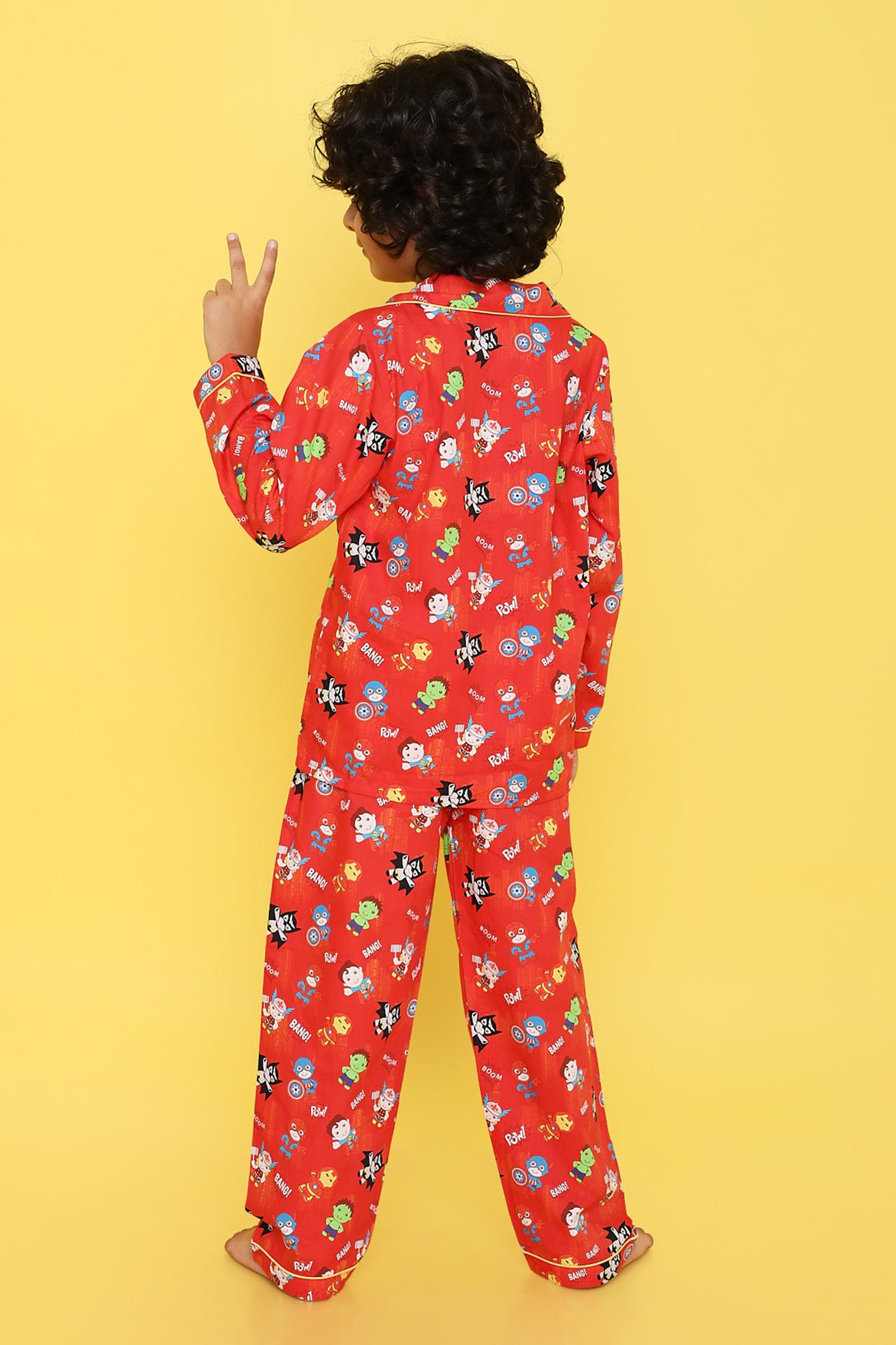 Knitting Doodles Premium cotton Kids' Notched Collar Night suit in adorable superheroes Print- Red