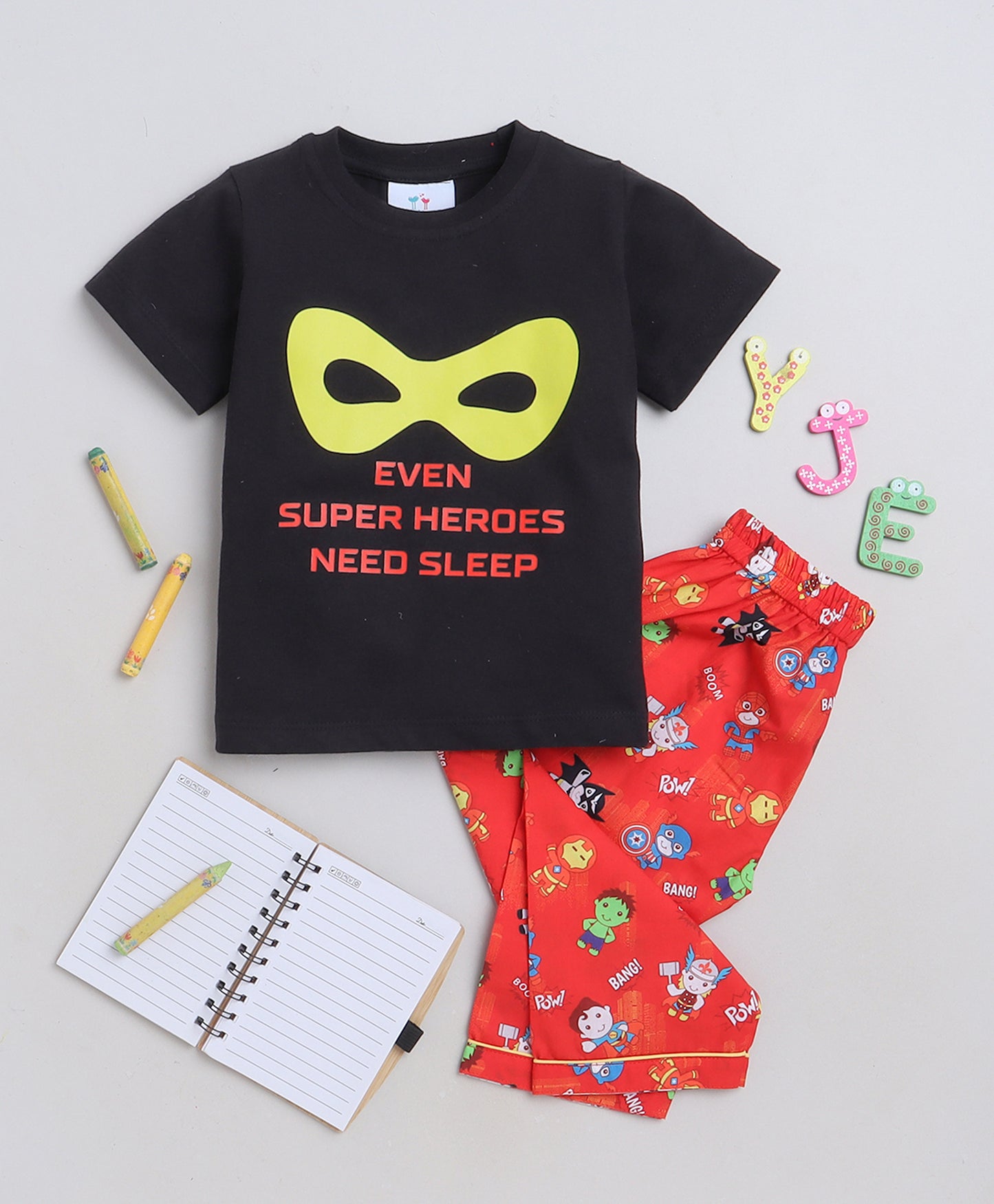 Superhero Print t-shirt and Pyjama- Black and Red