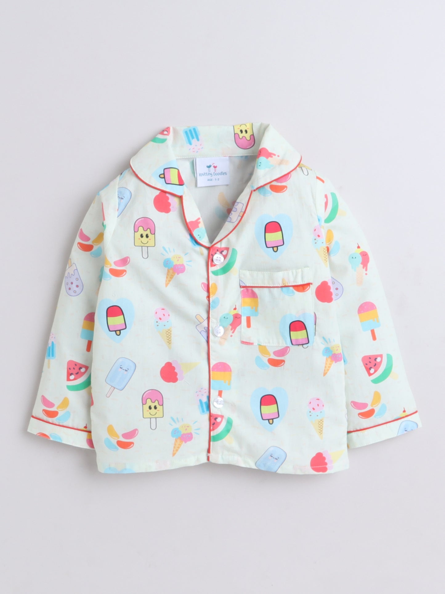 Icecream Print Nightsuit- Very Light Green