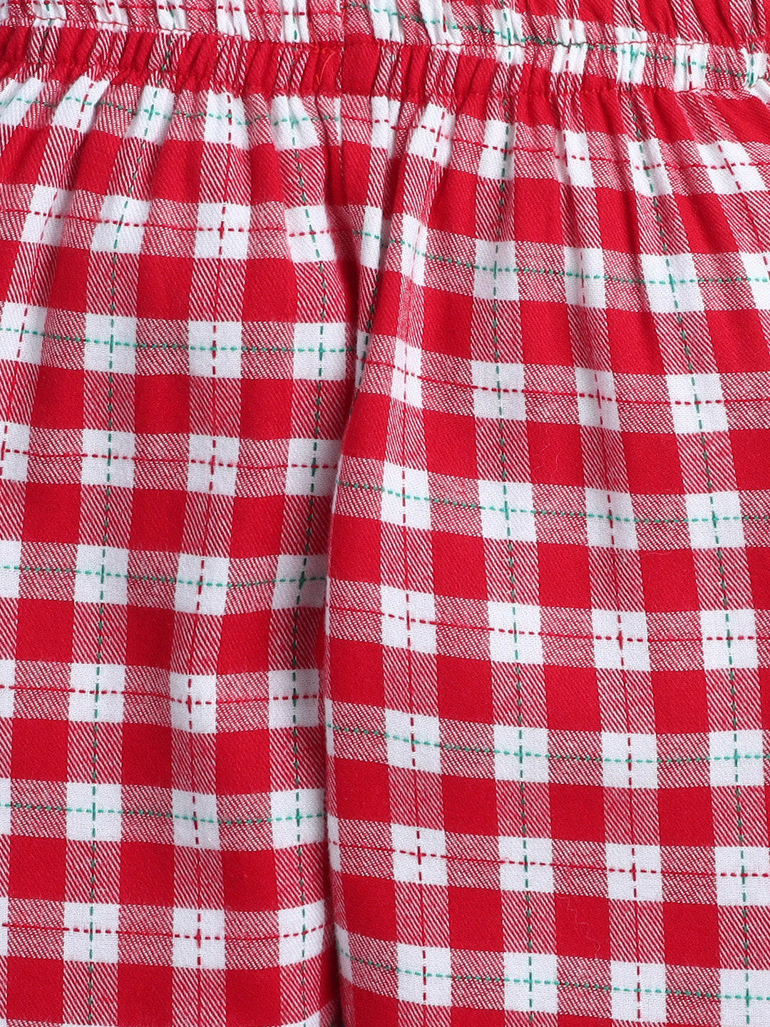 Red and White Cotton Twill Plaid Nightsuit with Cute Santa Claus Embroidery on Pocket