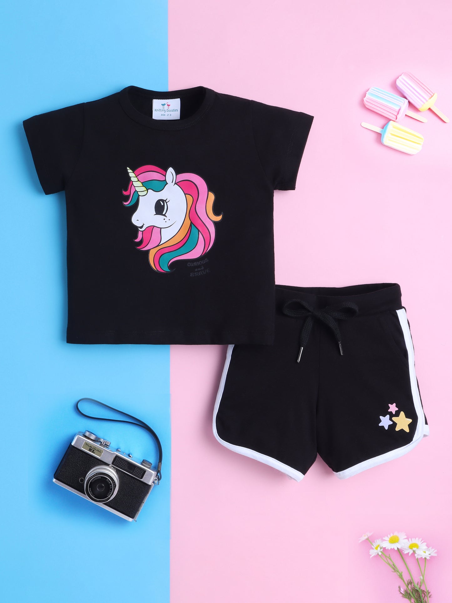 Girls' Cotton Playday Shorts Set with Cute Print- Black