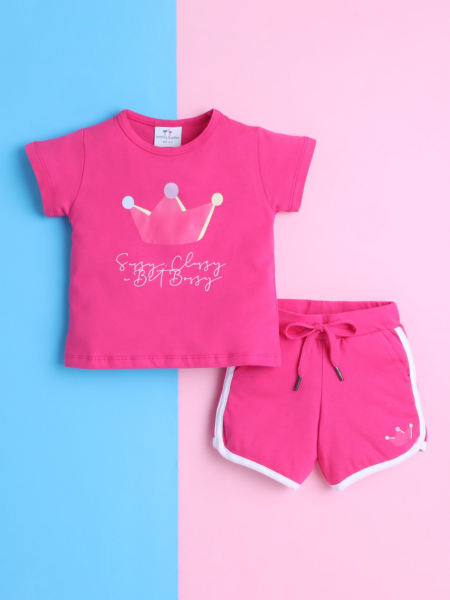 Girls' Cotton Playday Shorts Set with Cute Print- Pink