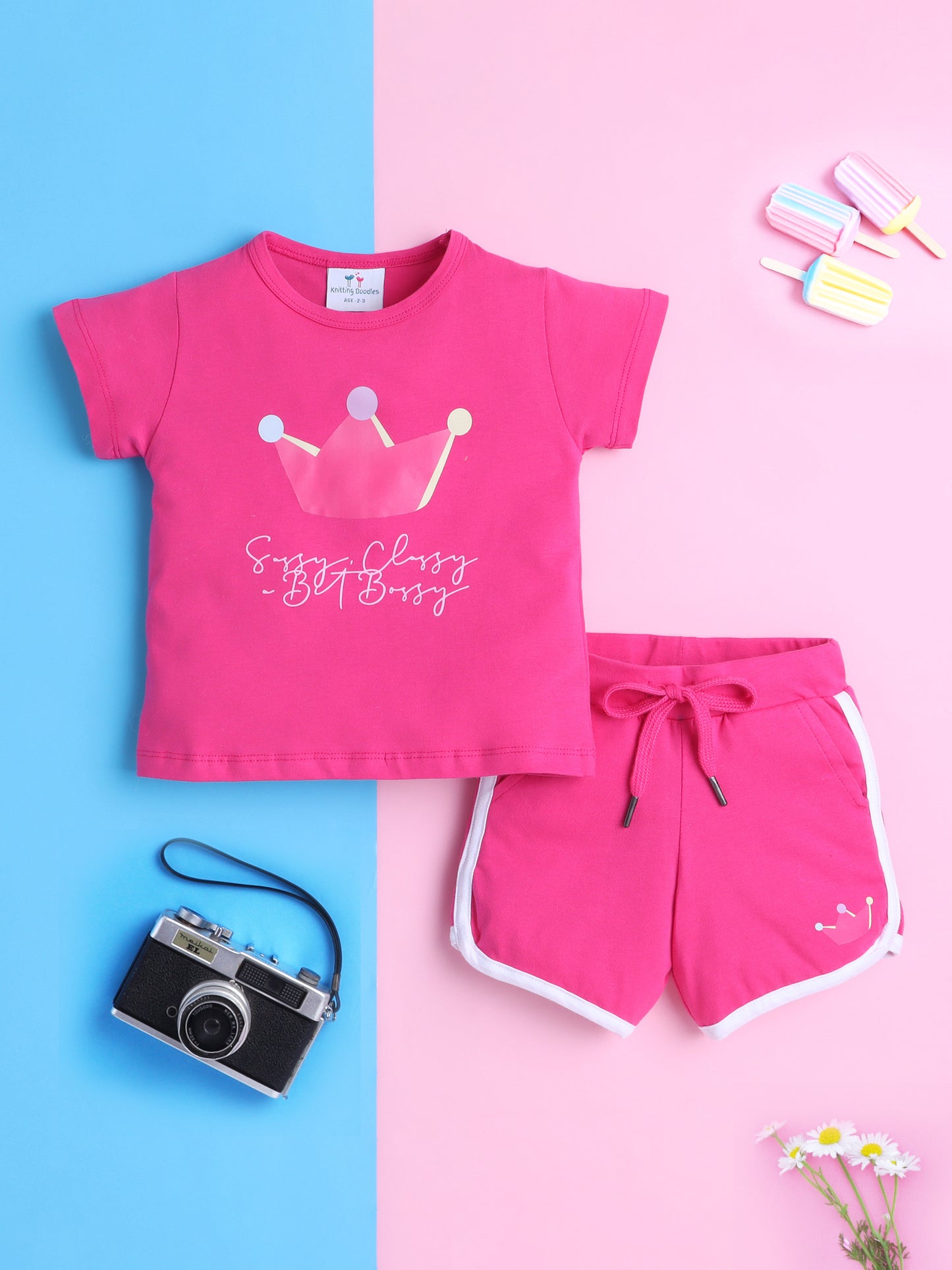Girls' Cotton Playday Shorts Set with Cute Print- Pink