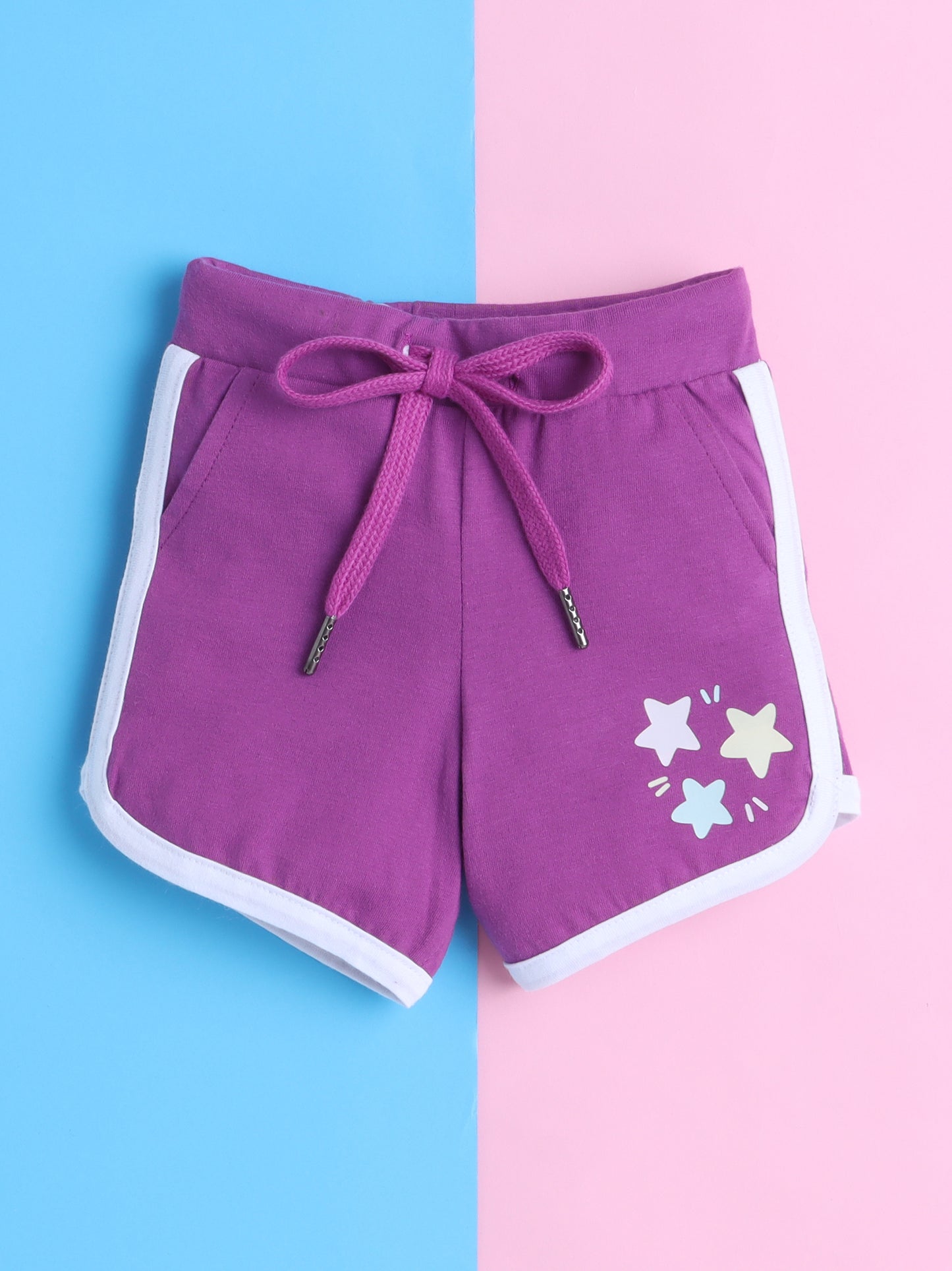 Girls' Cotton Playday Shorts Set with Cute Print- Purple