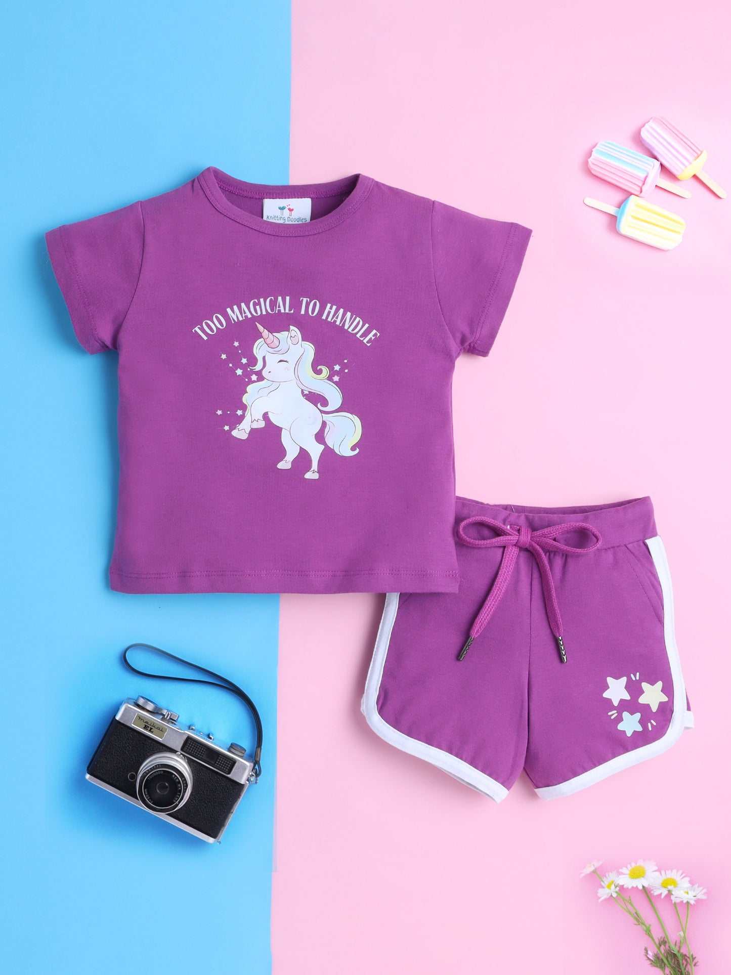Girls' Cotton Playday Shorts Set with Cute Print- Purple