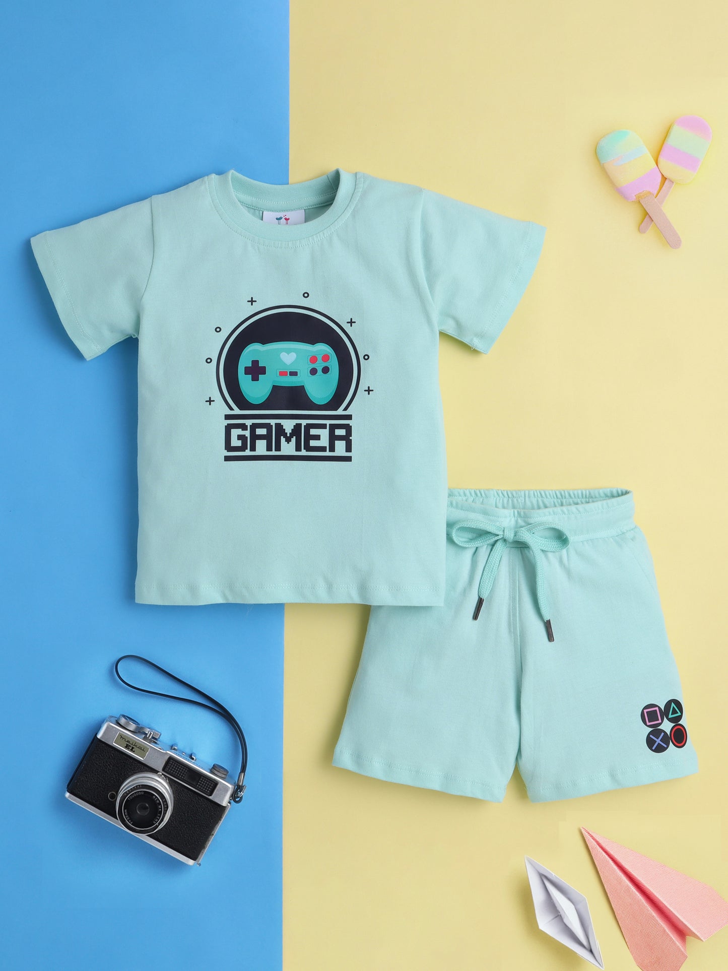 Boys' Cotton Playday Shorts Set with Fun Gamer Print- Sea Green