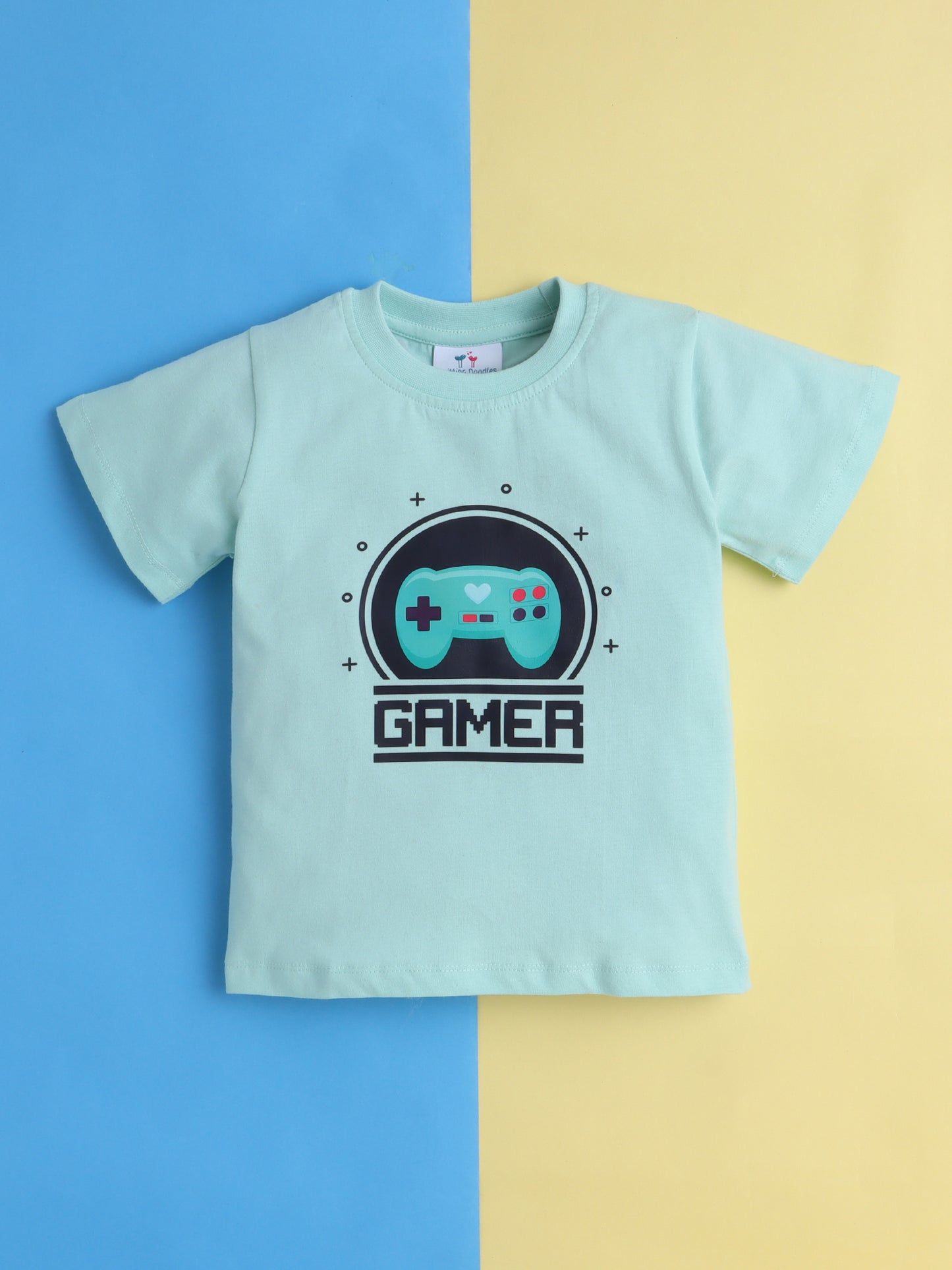 Boys' Cotton Playday Shorts Set with Fun Gamer Print- Sea Green