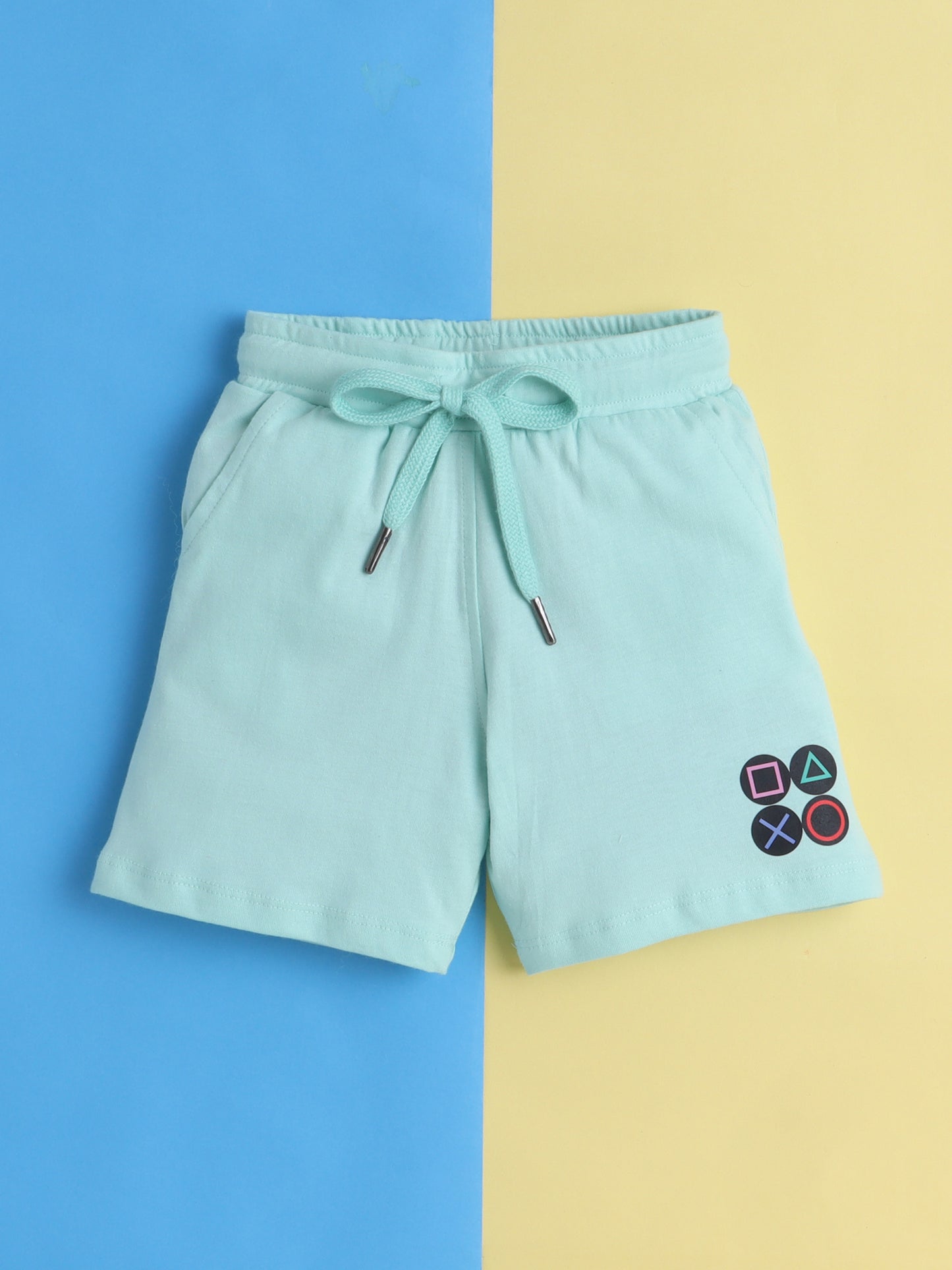 Boys' Cotton Playday Shorts Set with Fun Gamer Print- Sea Green
