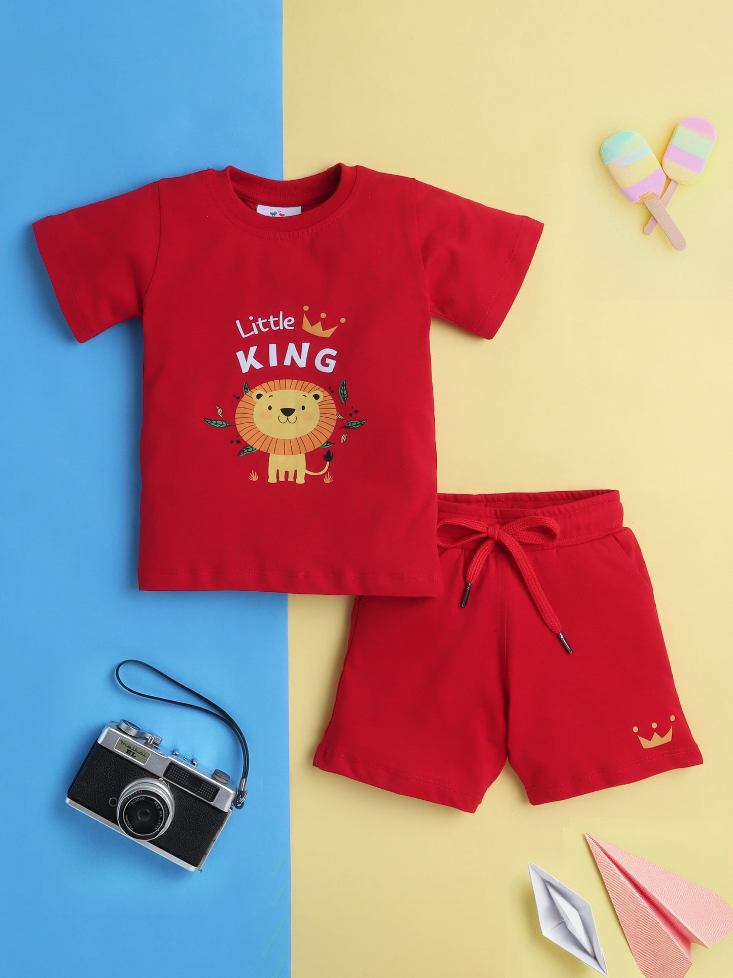 Boys' Cotton Playday Shorts Set with Cute Lion Print- Red