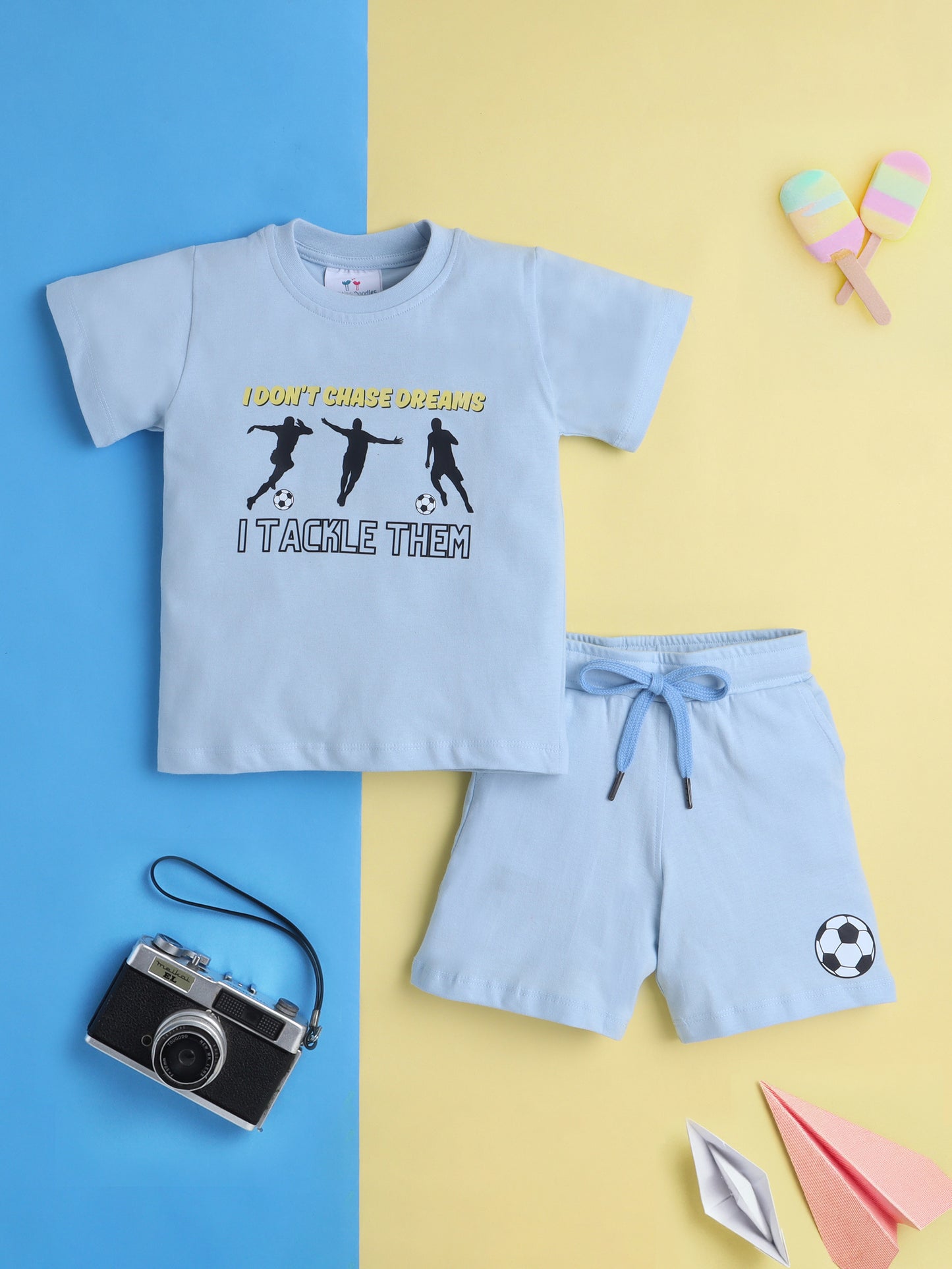 Boys' Cotton Playday Shorts Set with Fun Football Print- Light Blue