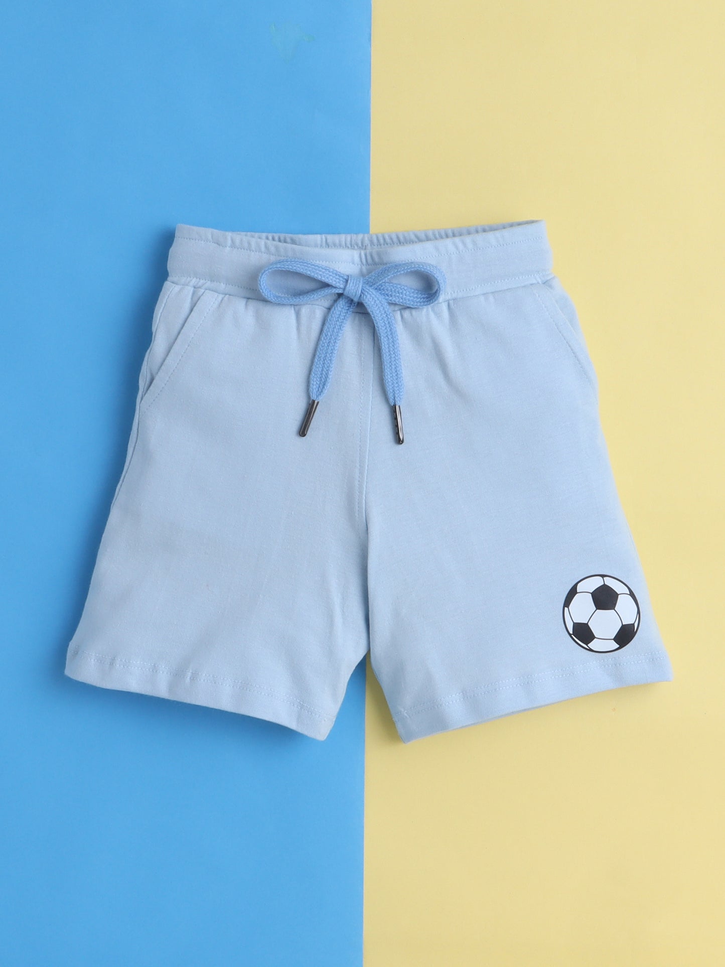 Boys' Cotton Playday Shorts Set with Fun Football Print- Light Blue