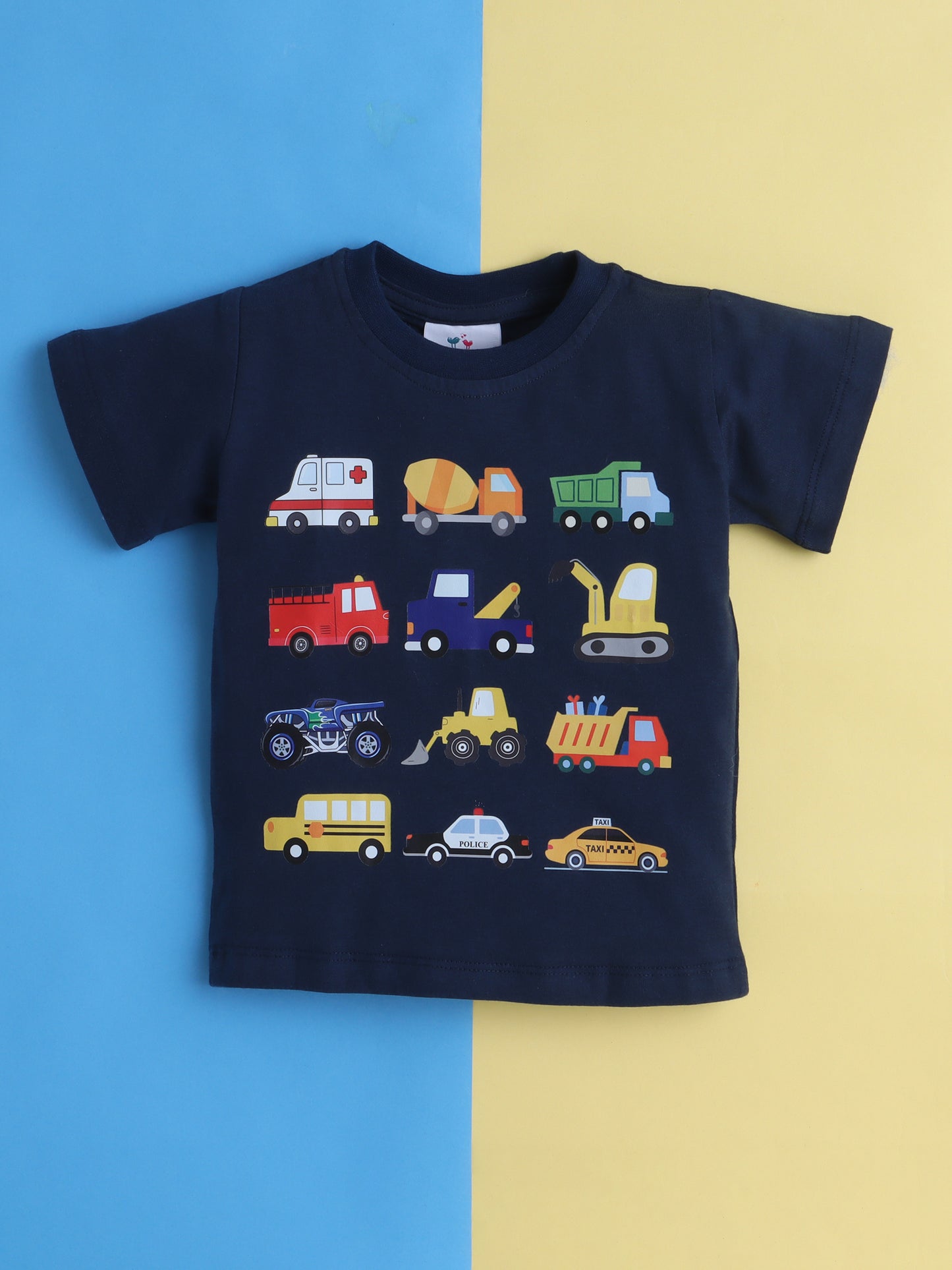 Boys' Cotton Playday Shorts Set with Cute Vehicles Print- Navy