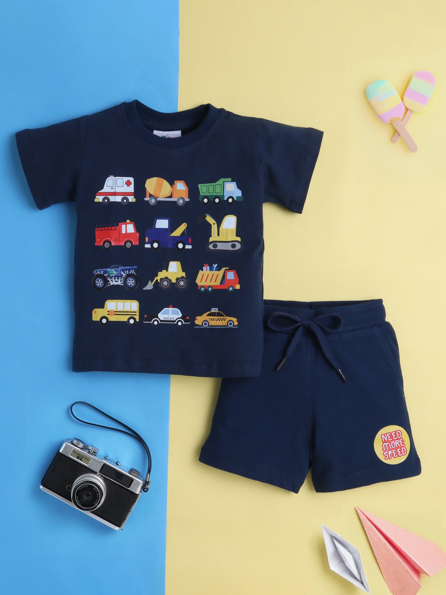 Boys' Cotton Playday Shorts Set with Cute Vehicles Print- Navy