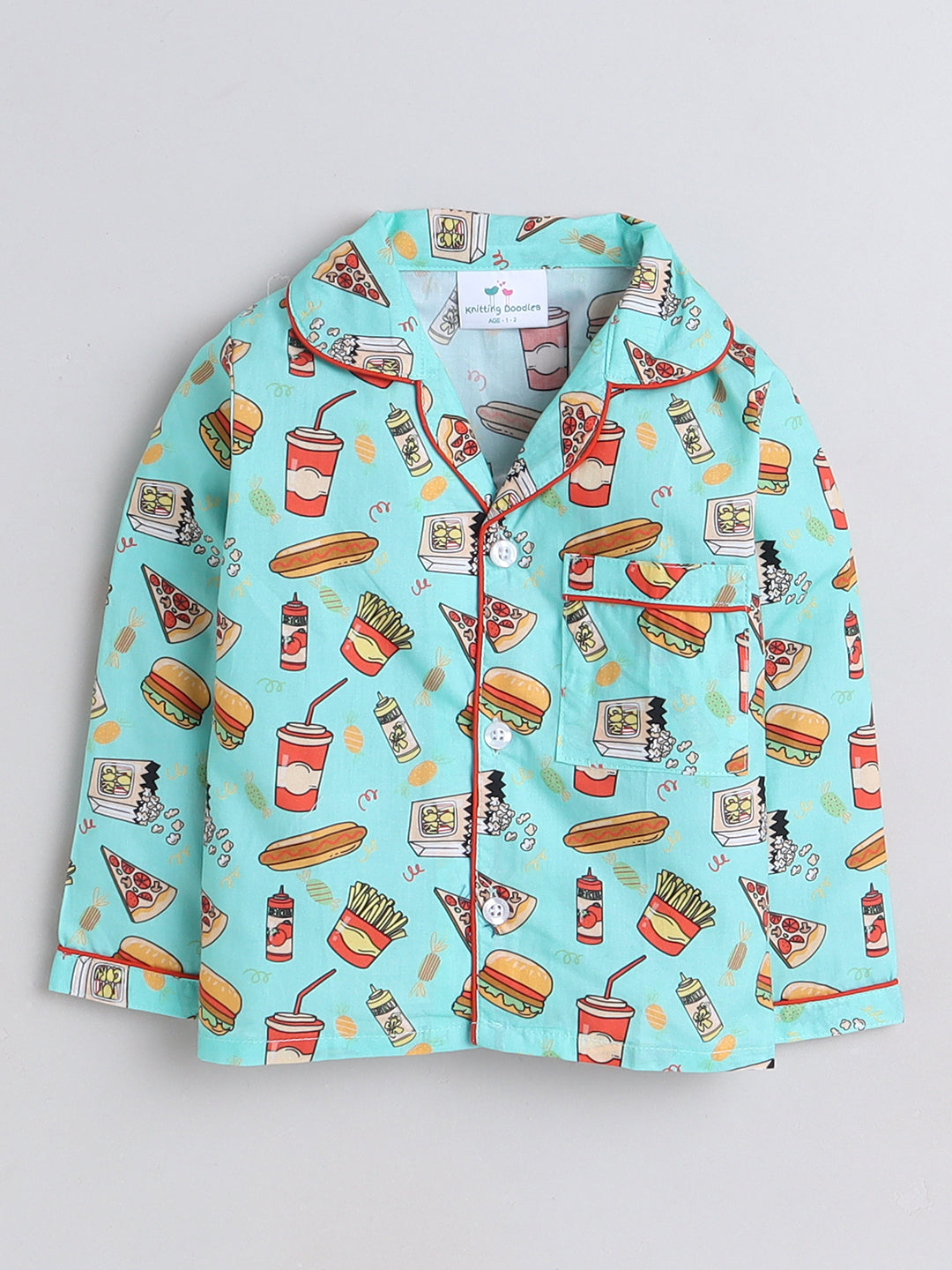 Junk Food Print Night Suit- Teal