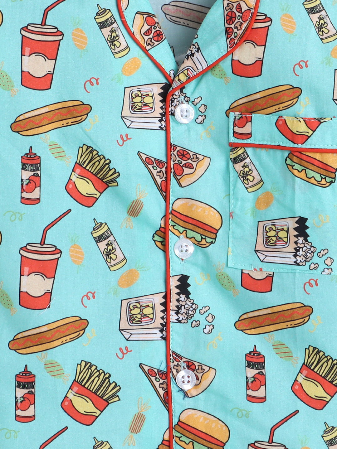 Junk Food Print Night Suit- Teal