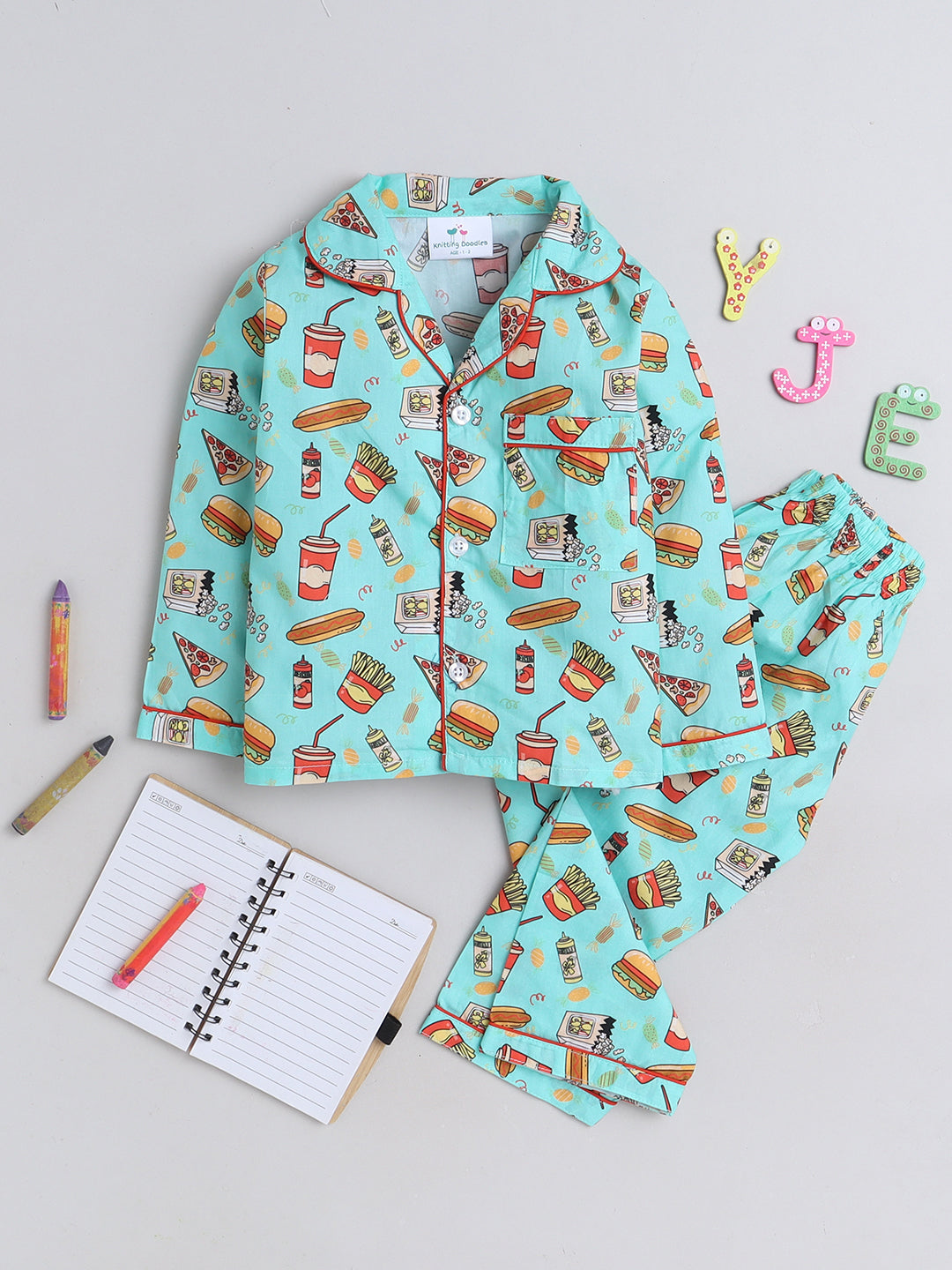 Junk Food Print Night Suit- Teal