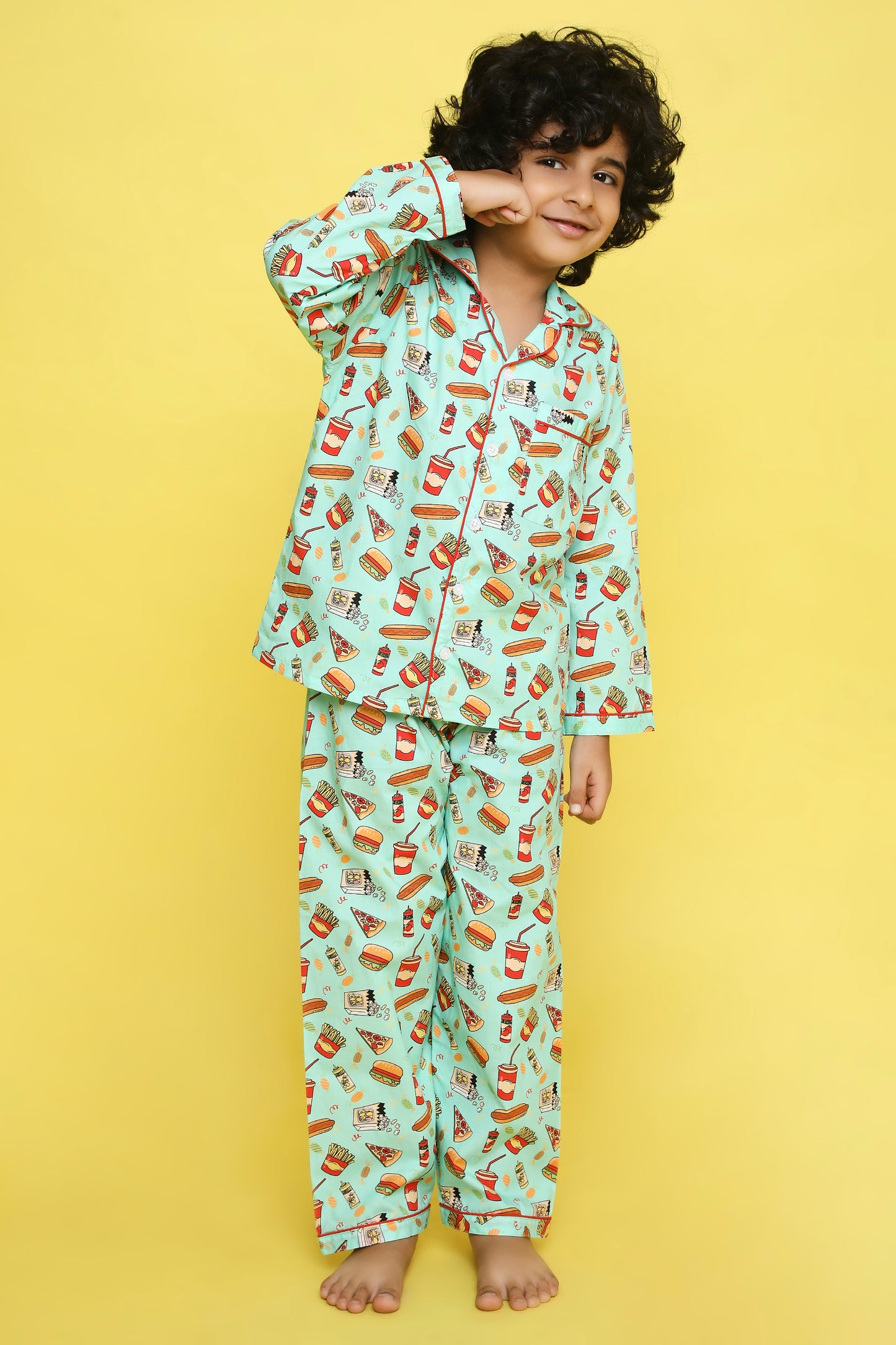 Junk Food Print Night Suit- Teal