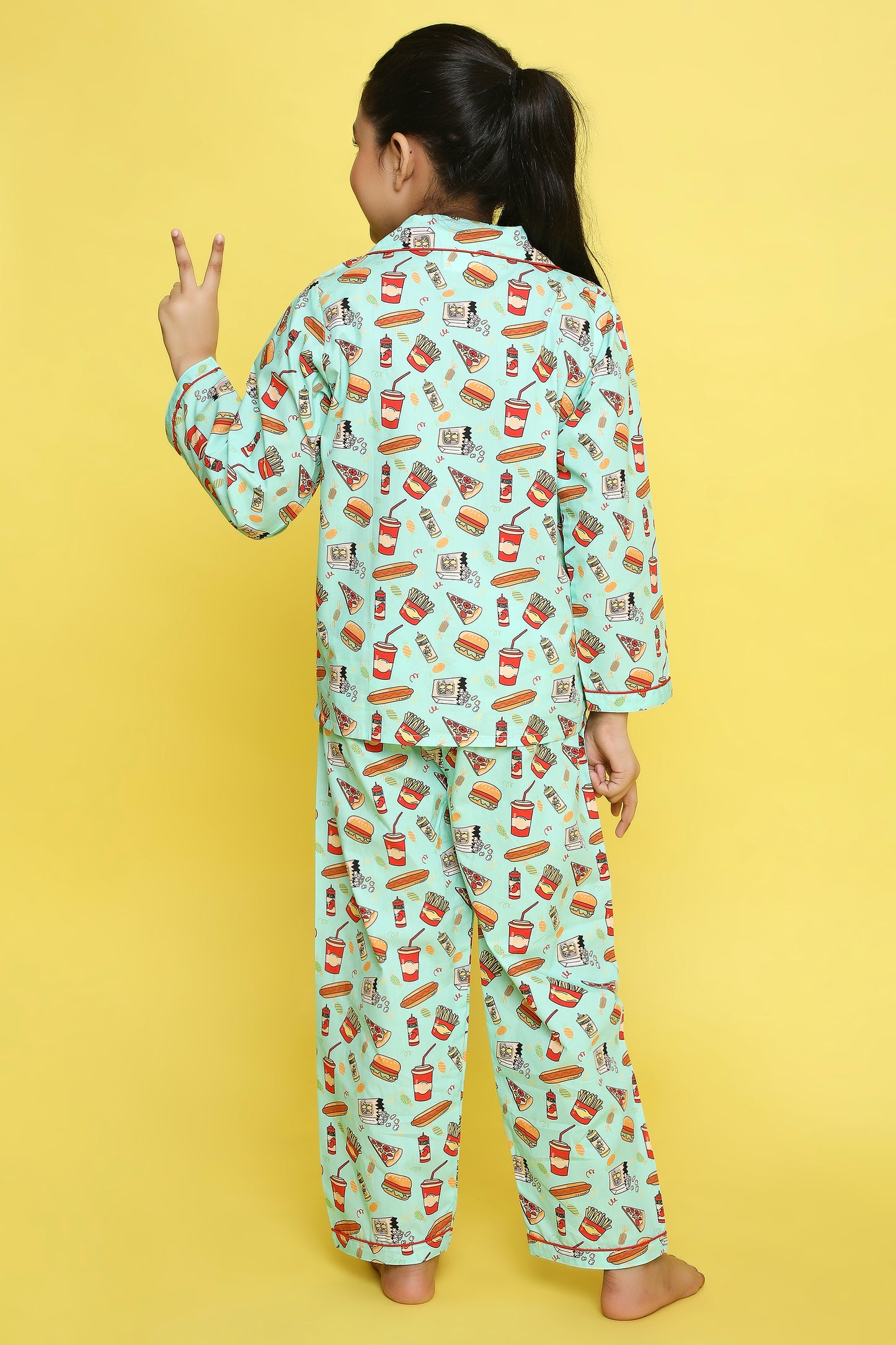 Junk Food Print Night Suit- Teal